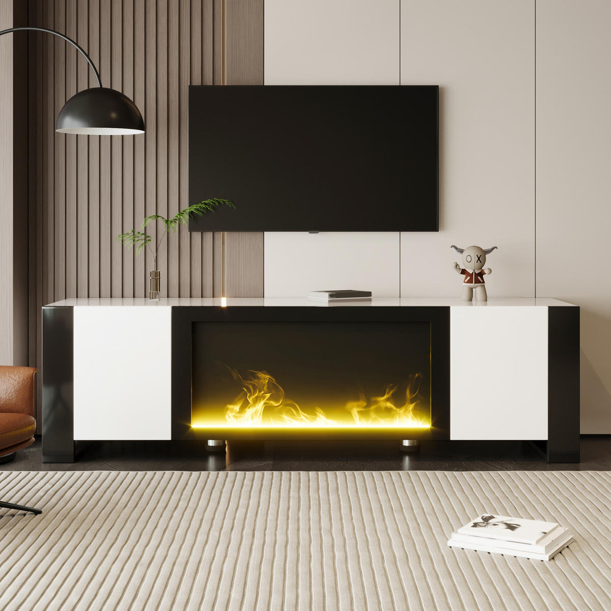 TV-ELEMENT165X55X32CM elektrischer Kamin Flammeneffekt Hochglanz Weiß-Schwarz - Weiß, Holz (54.99/21.21/104.5cm) - Raelunyi
