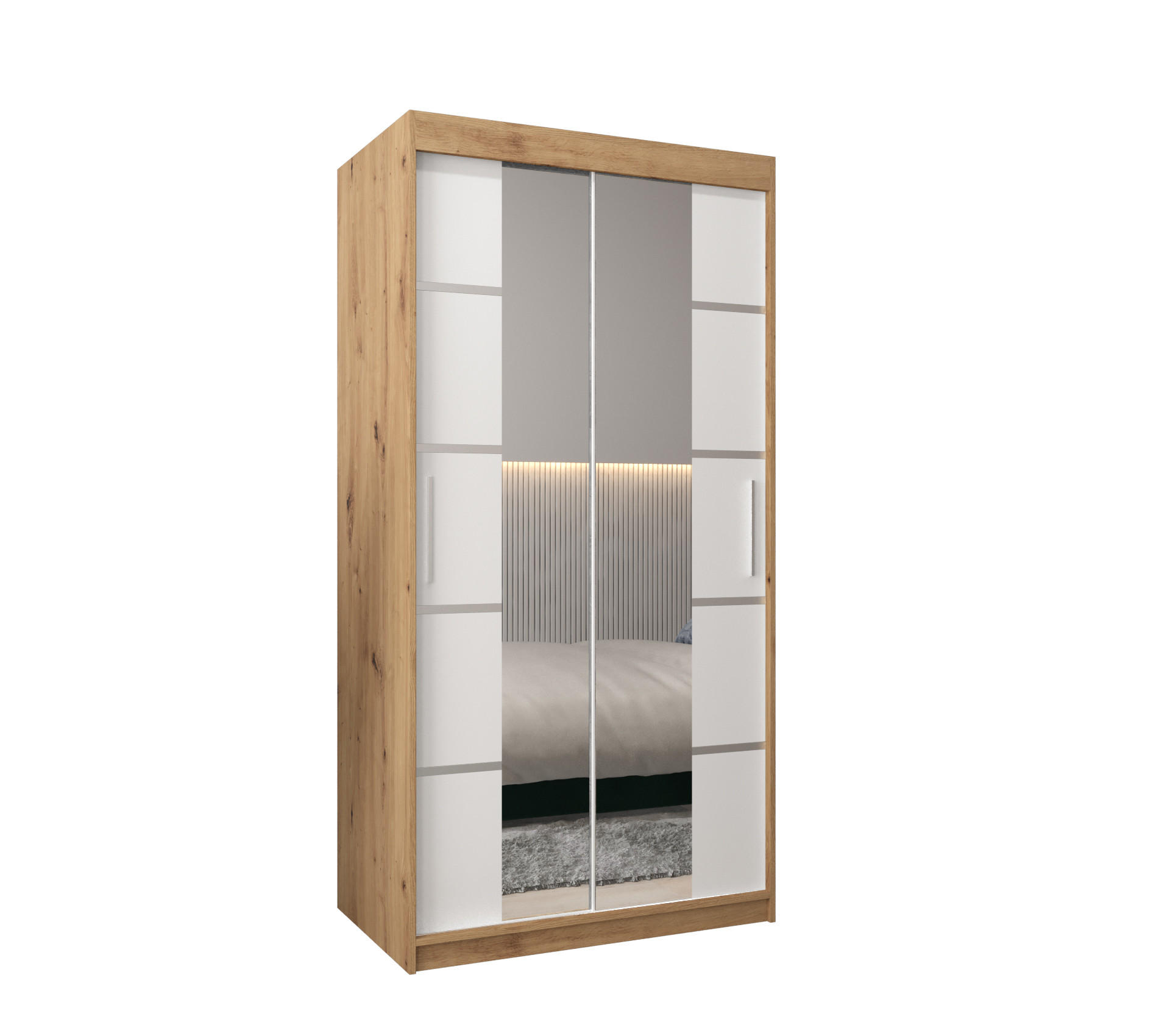 Abiks Möbel Schwebetürenschrank Eiche Artisan, Weiß, Silber 100x200x62 cm