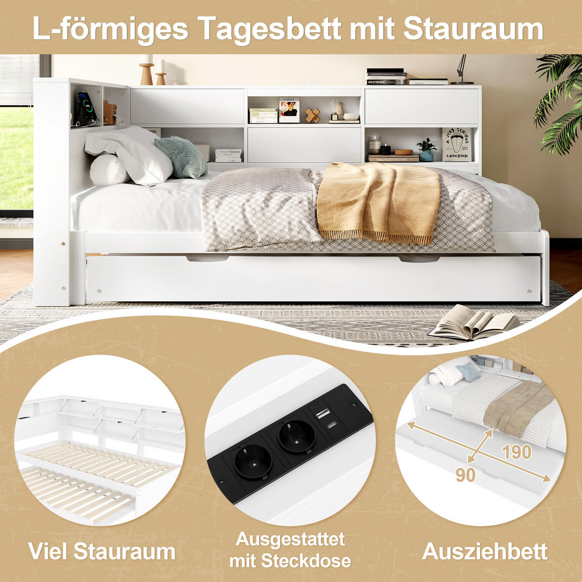 TAGEBETT 90x200cm Weiß Kopfteil Staufach Ausziehbett - Weiß, Holz (90/200cm) - FLIEKS