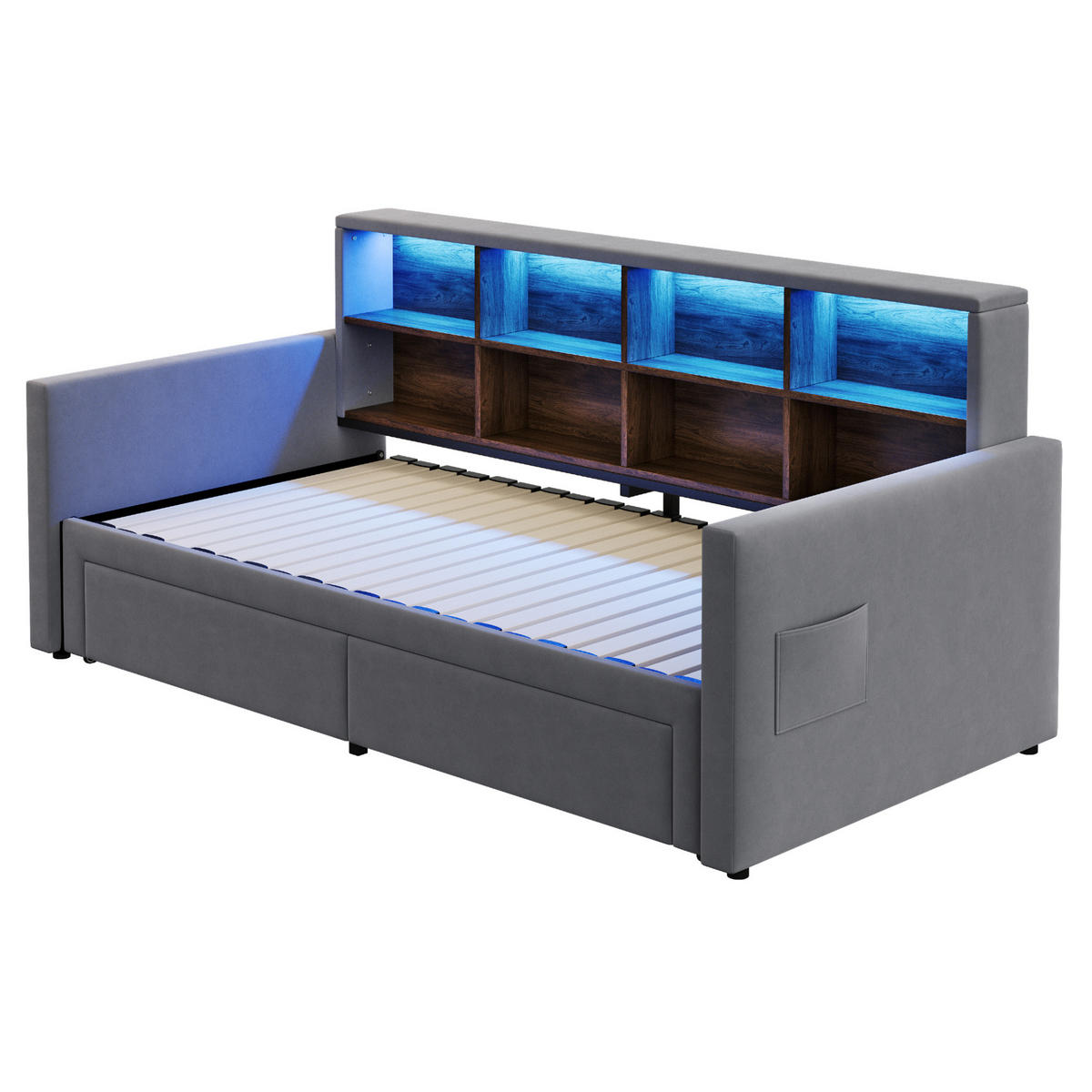 SCHLAFSOFA aus Samt 90x190 cm Grau mit LED-Beleuchtung, Ladeanschlüssen und Schubladen - Dunkelgrau, Textil (90/190cm) - IVMEU