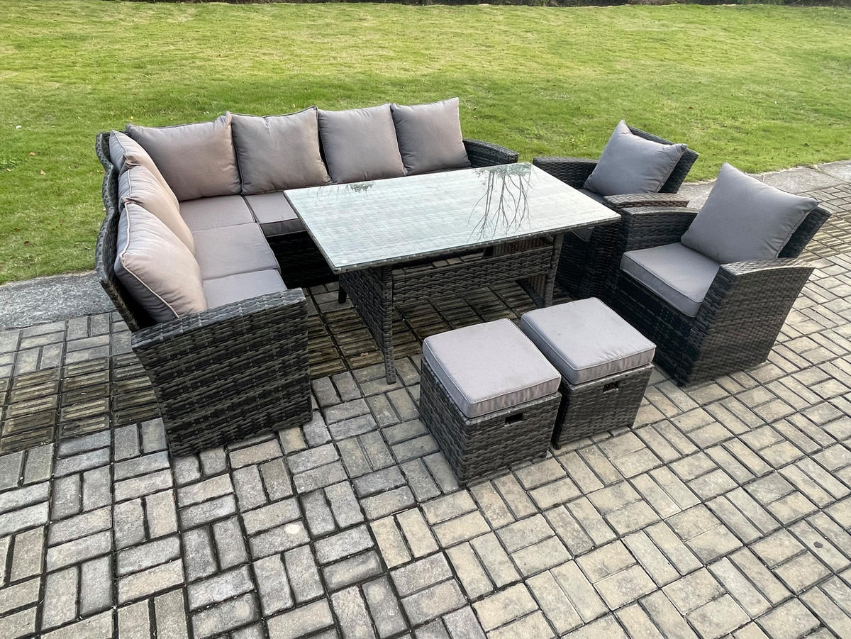 GARTENLOUNGE mit Ecksofa Polyrattan Dunkelgrau 10-Sitzer - Dunkelgrau/Grau, Glas/Kunststoff - Fimous