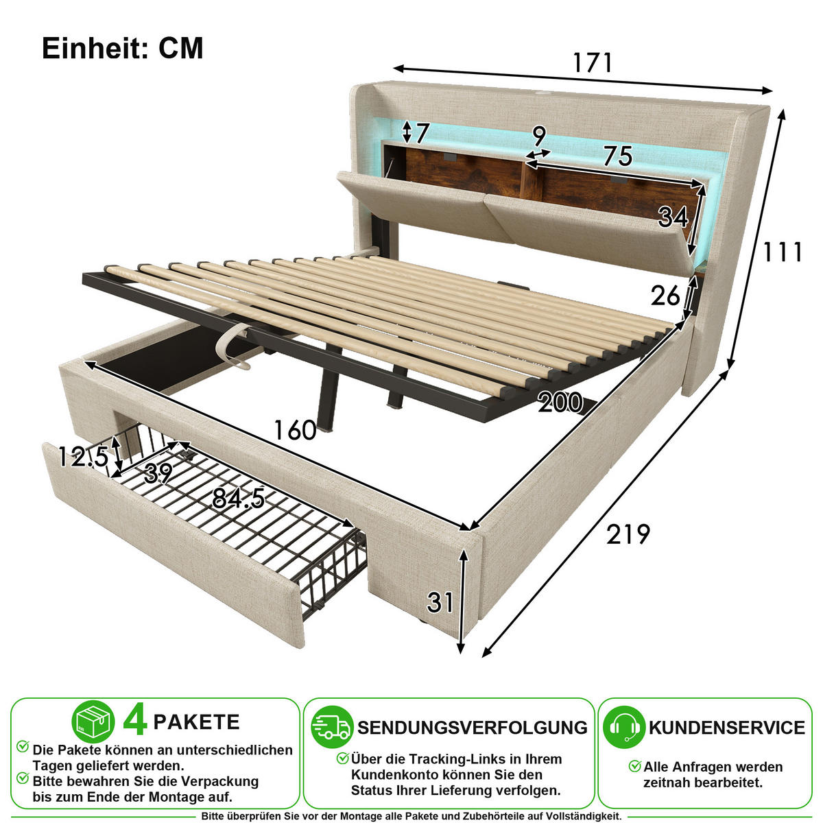 POLSTERBETT 160/200 cm in Beige Leinen mit Schublade, LED, USB und Matratze - Beige, Holzwerkstoff/Textil (160/200cm) - CHICFURN