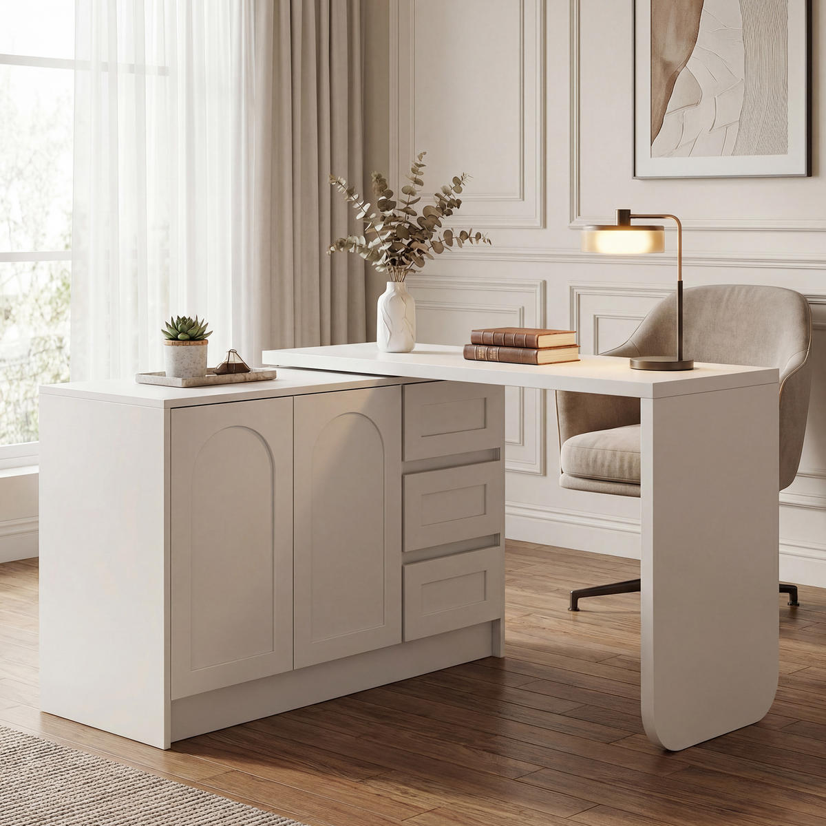 ECKSCHREIBTISCH Weiß 110-170/40/75 cm 360° drehbar mit 3 Schubladen und Schrank - Weiß, Holzwerkstoff (40/110/75cm) - PANGIVO