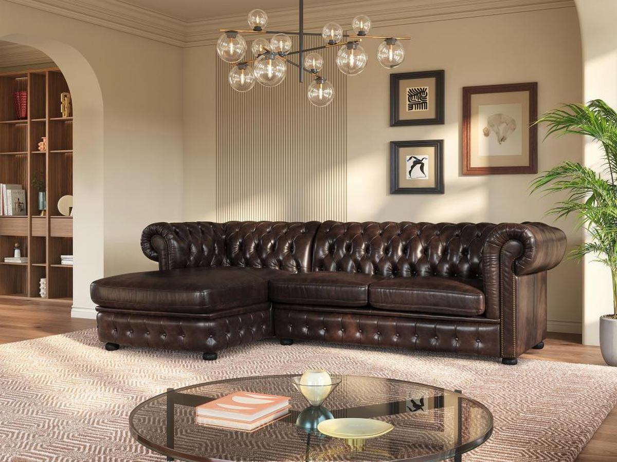 CHESTERFIELD Ecksofa - Ecke Links - Büffelleder - Dunkelbraun - BRENTON - Braun, Leder (166/274cm) - Vente-Unique