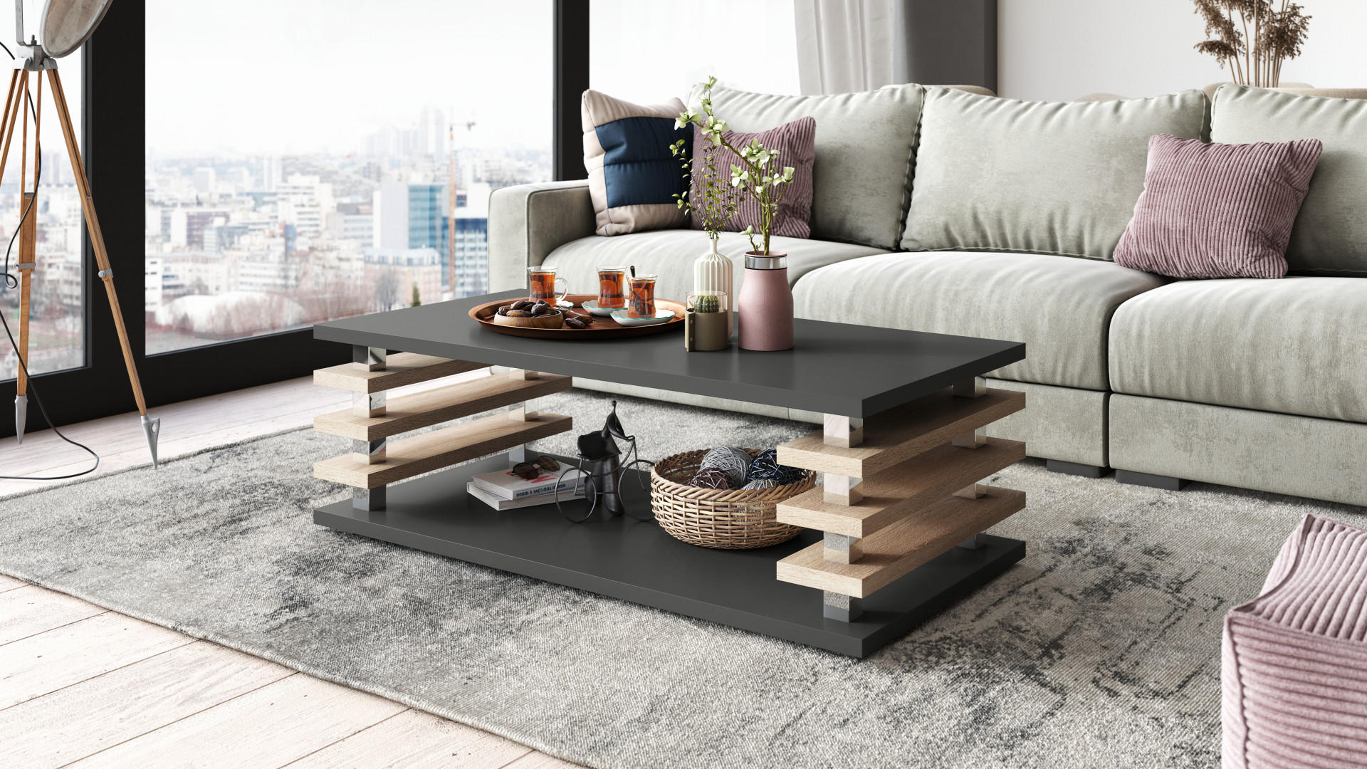 COUCHTISCH rechteckig Anthrazit matt - Sonoma Eiche Ablage 120/40/60 cm - Anthrazit/Sonoma Eiche, Holzwerkstoff (60/120/40cm) - designimpex