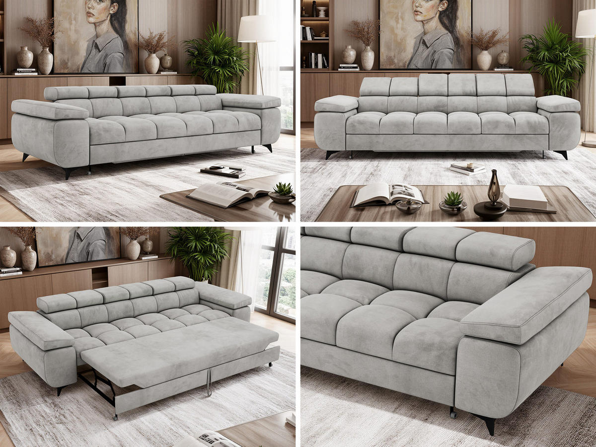 TŘÍMÍSTNÁ POHOVKA NIDELLO - Světle šedá Samet - černá/světle šedá, kov/textil (260/70/97cm) - MKS
