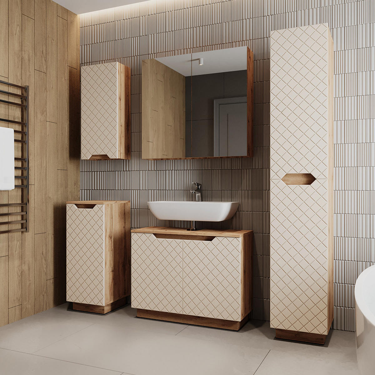 BADMÖBEL-SET Lotta Eiche/Kaschmir mit Kachelstruktur 5 Teile - Kaschmir, Holzwerkstoff (79.6/62.5/32cm) - Vicco