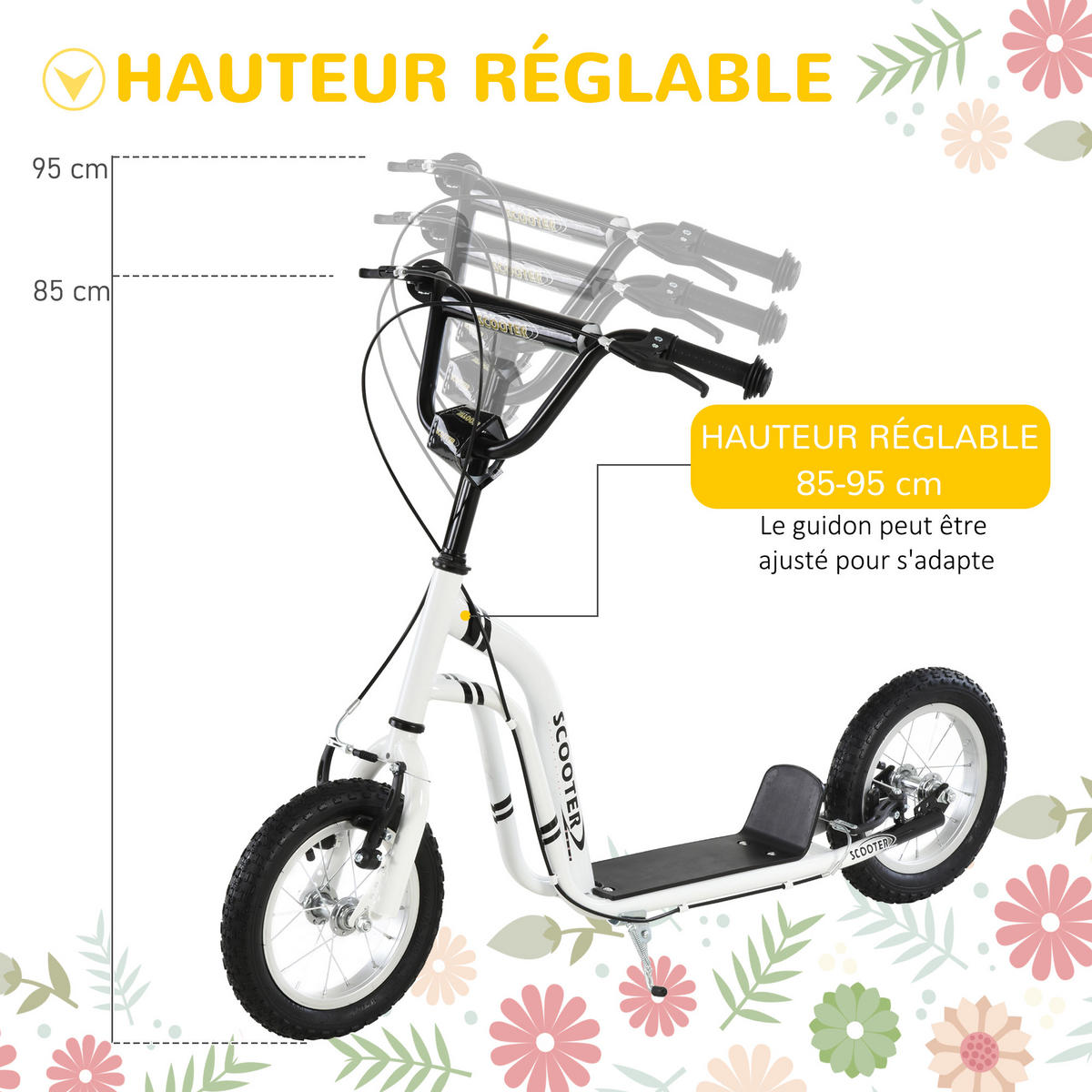 KINDERSCOOTER DE-16925 12 Zoll Luftreifen + Doppelbremse Weiß - Weiß, Metall (120/58/95cm) - ComfortXL