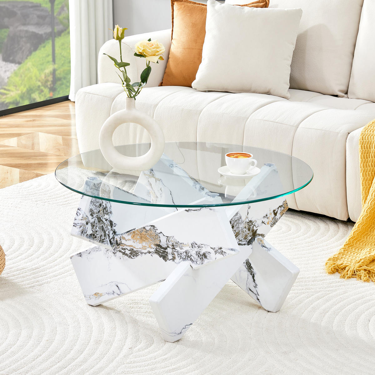 COUCHTISCH 79 cm mit Glasoberfläche und MDF-Stützbeinen in Weiß-Marmor-Design - Klar, Holzwerkstoff (79/79/45cm) - OKWISH