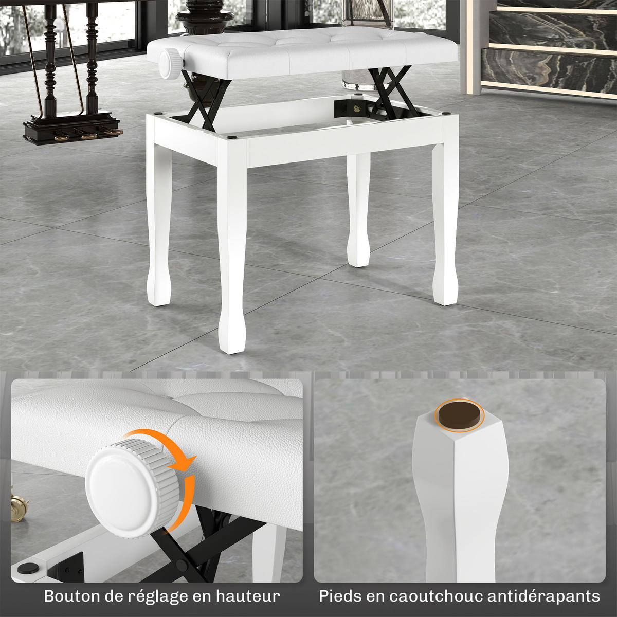 HOCKER DE-16434 höhenverstellbar mit Diamantsteppung Weiß - Weiß, Metall (35/55/64cm) - ComfortXL