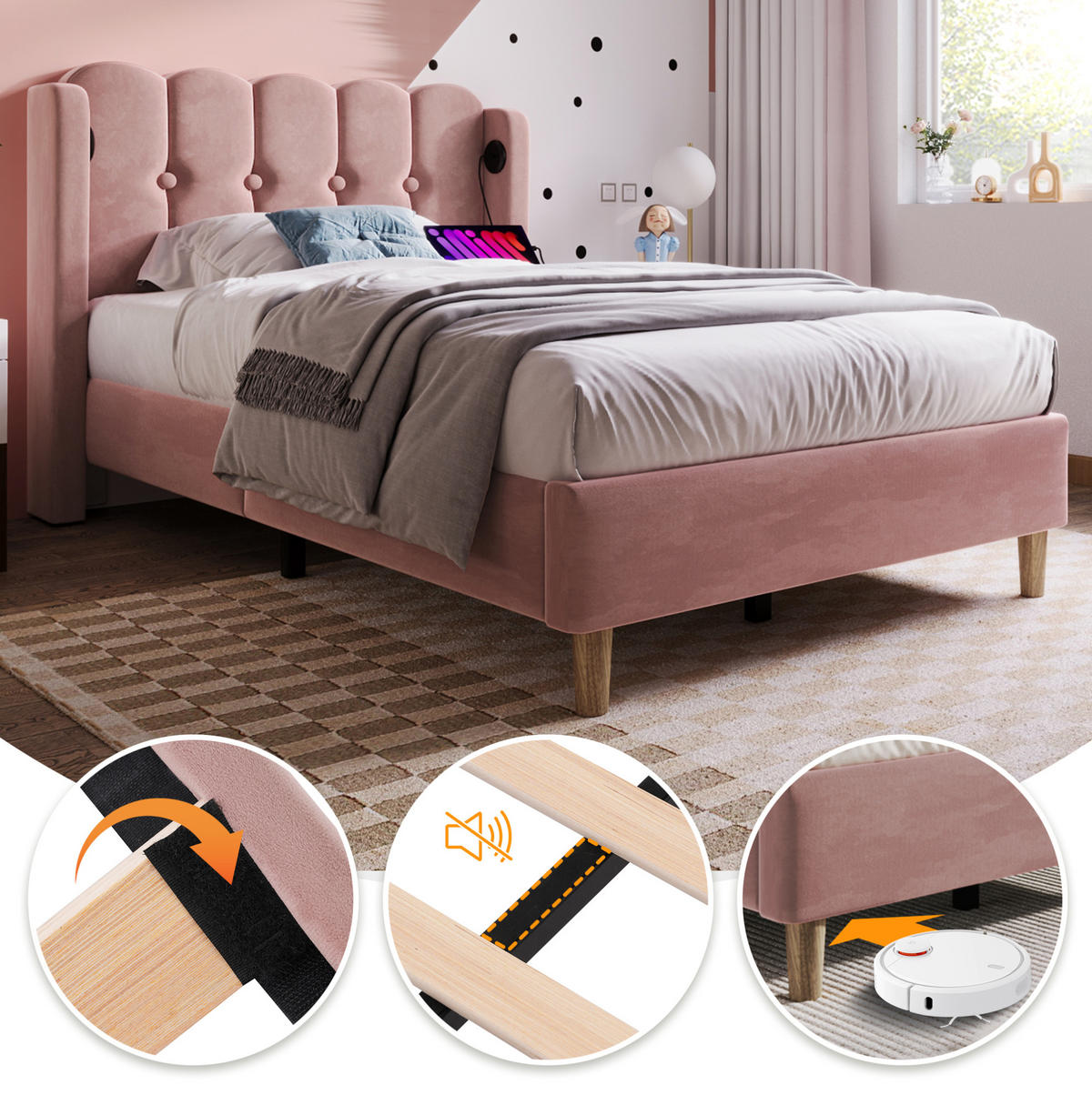 POLSTERBETT 90/200 cm mit USB- & Typ-C-Anschluss, Samtbezug in Rosa, Design-Kopfteil, Rosa - Rosa, Textil (90/200cm) - Redom