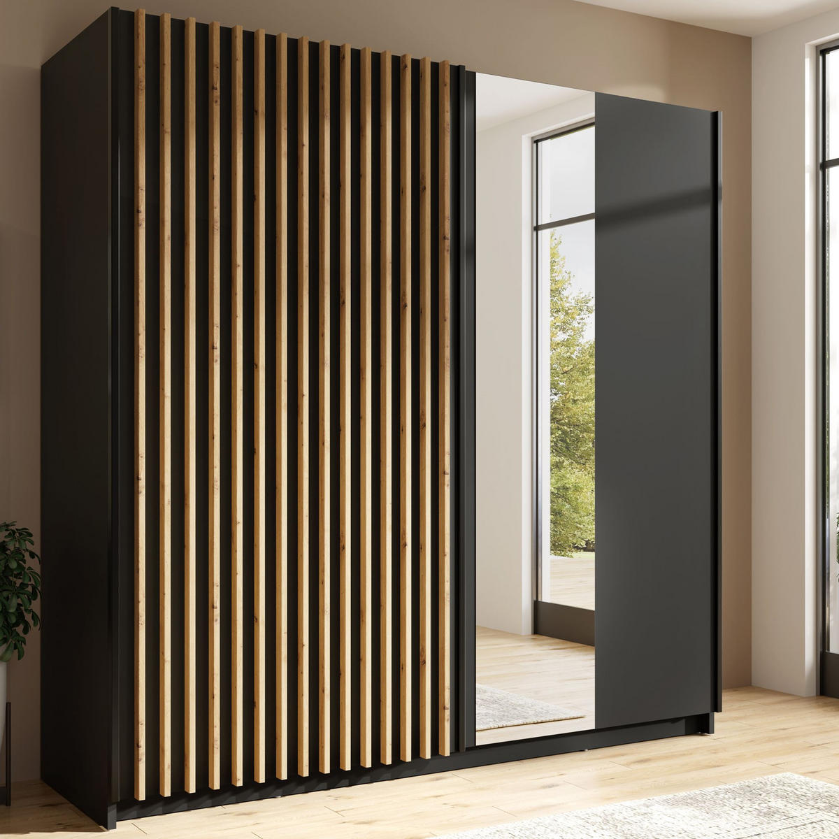 SCHIEBETÜRENSCHRANK CASTARI Schwarz / Artisan Eiche - Schwarz/Eiche Artisan, Holzwerkstoff (200.2/198.5/62cm) - KONSIMO®
