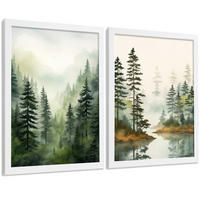 PLAKAT Sada 2 dekorativních tisků Nordic Forest Landscape obývák Obrázky - zelené a hnědé dekorativní plakáty Obývací pokoj A4 bílý rám - bílá, papír (29.7/42/3cm)