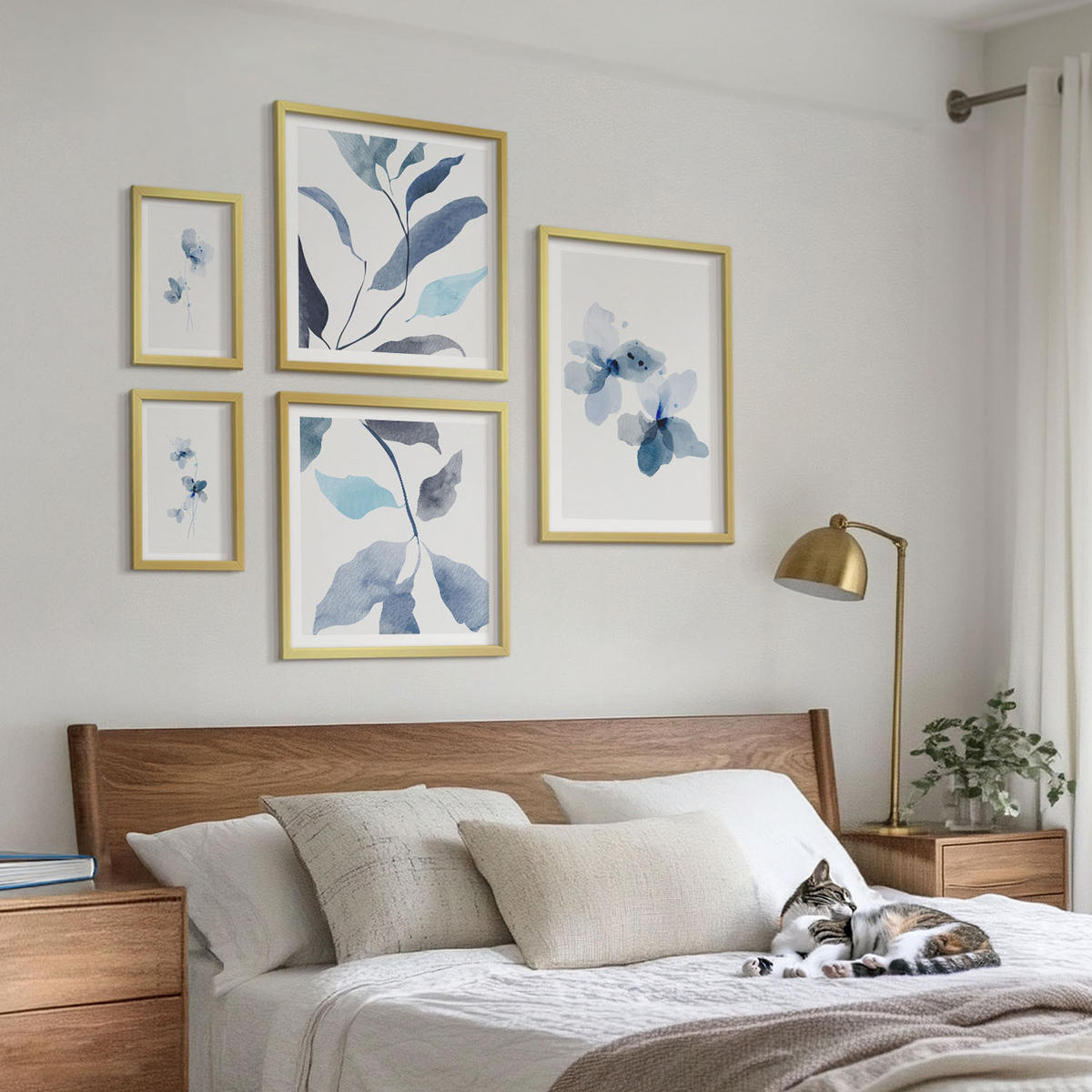 BILDER SET 5er Set - 50x50 cm & 20x30 cm & 40x60 cm Goldrahmen - Minimalistische blaue Blumen - Goldfarben, Kunststoff (40/60cm) - TULUP