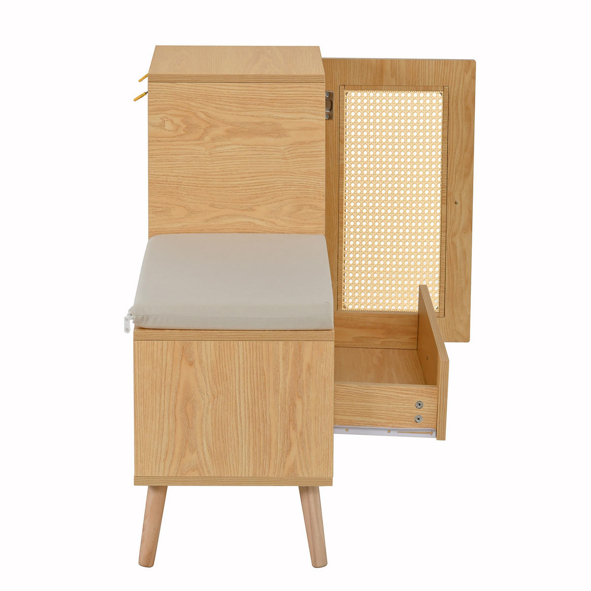 SCHUHSCHRANK in Holz-Optik – Schuhschrank mit Rattan-Tür & Sitzkissen - Naturfarben, Holzwerkstoff (95.5/80.5/35cm) - Urban Meuble