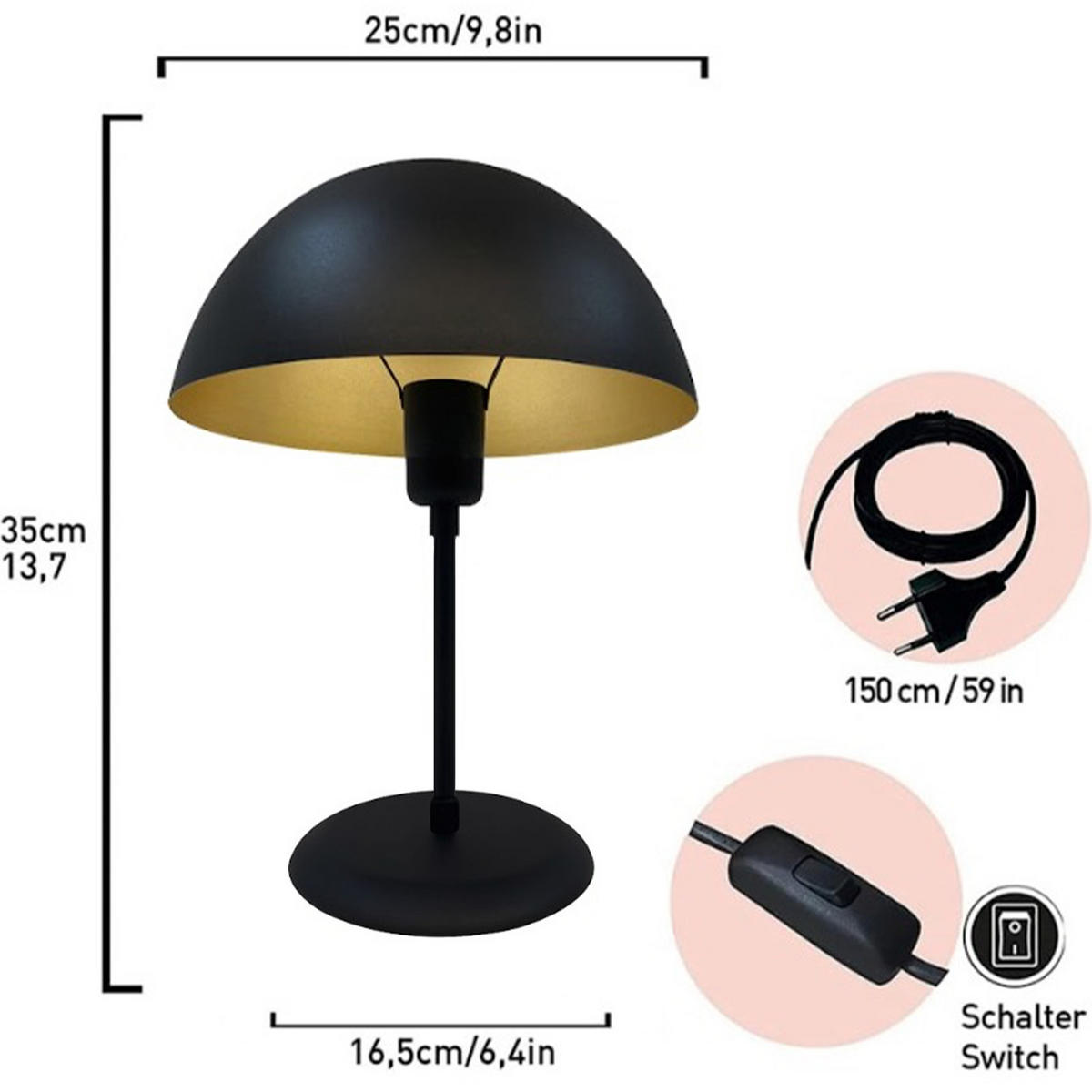 TISCHLEUCHTE Kleine Pilzlampen 26/35 - Schwarz, Metall (26/35cm) - Bamyum