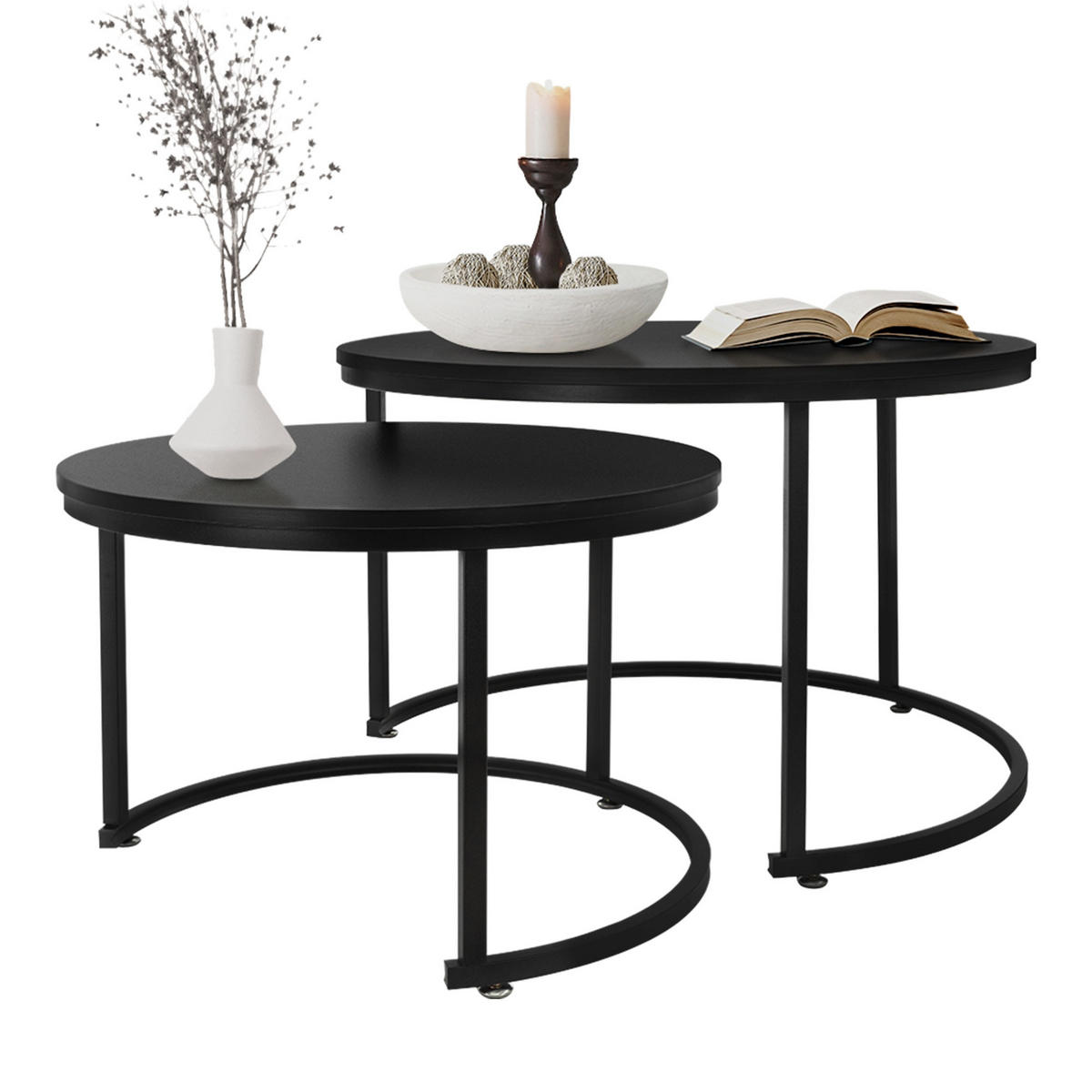 COUCHTISCH rund Schwarz 74/74/48-59/59/40 cm 2er Set - Schwarz Hochglanz, Metall (74/48/74cm) - ML-DESIGN