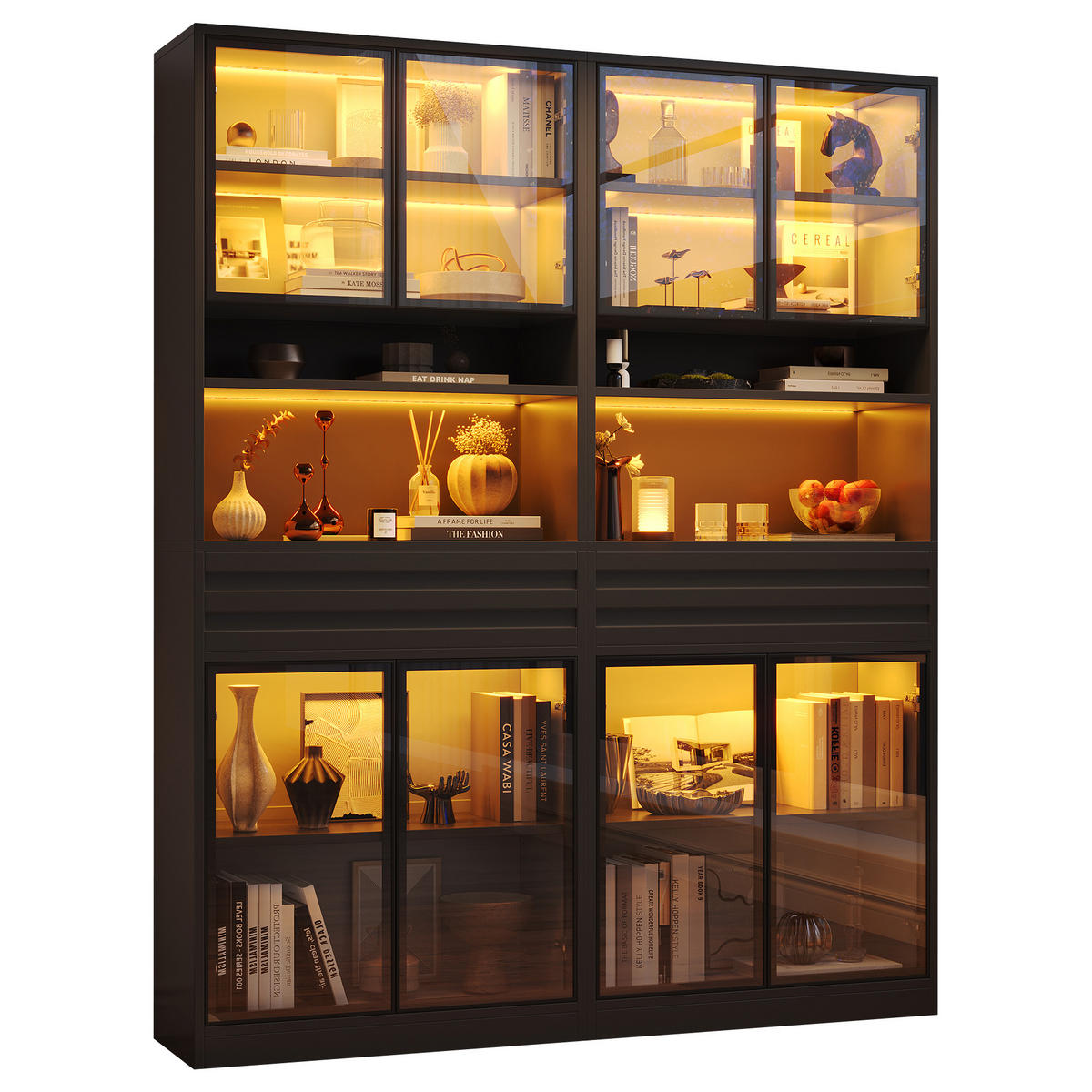 VITRINENSET 80x35x200 cm Schwarz mit 8 Glastüren und LED - Schwarz, Holzwerkstoff (160/200/35cm) - FLIEKS