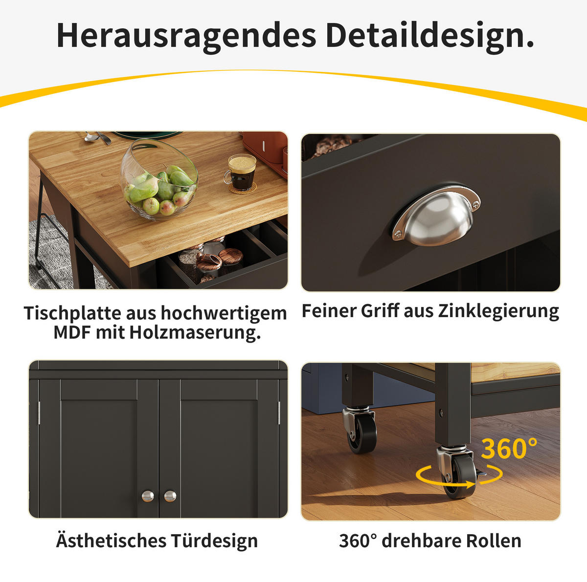 KÜCHENINSEL 120/45/90 cm schwarz natur mit klappbaren Seiten - Schwarz, Holzwerkstoff (120/90/73cm) - OKWISH