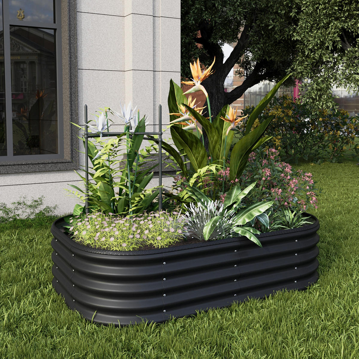 HOCHBEET-PFLANZKASTEN mit Pflanzenstütze aus verzinktem Stahl in Anthrazit Oval Garten Balkon 160 × 80 × 30 cm 6,5 kg - Silberfarben, Metall (80/30/160cm) - Livingandhome