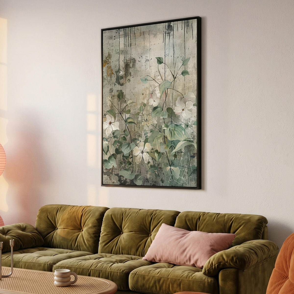LEINWAND Bilder mit Rahmen - Blumen - Blätter - Abstrakt - Modern - 80x120 - Grau, Textil (80/120cm) - MuchoWow