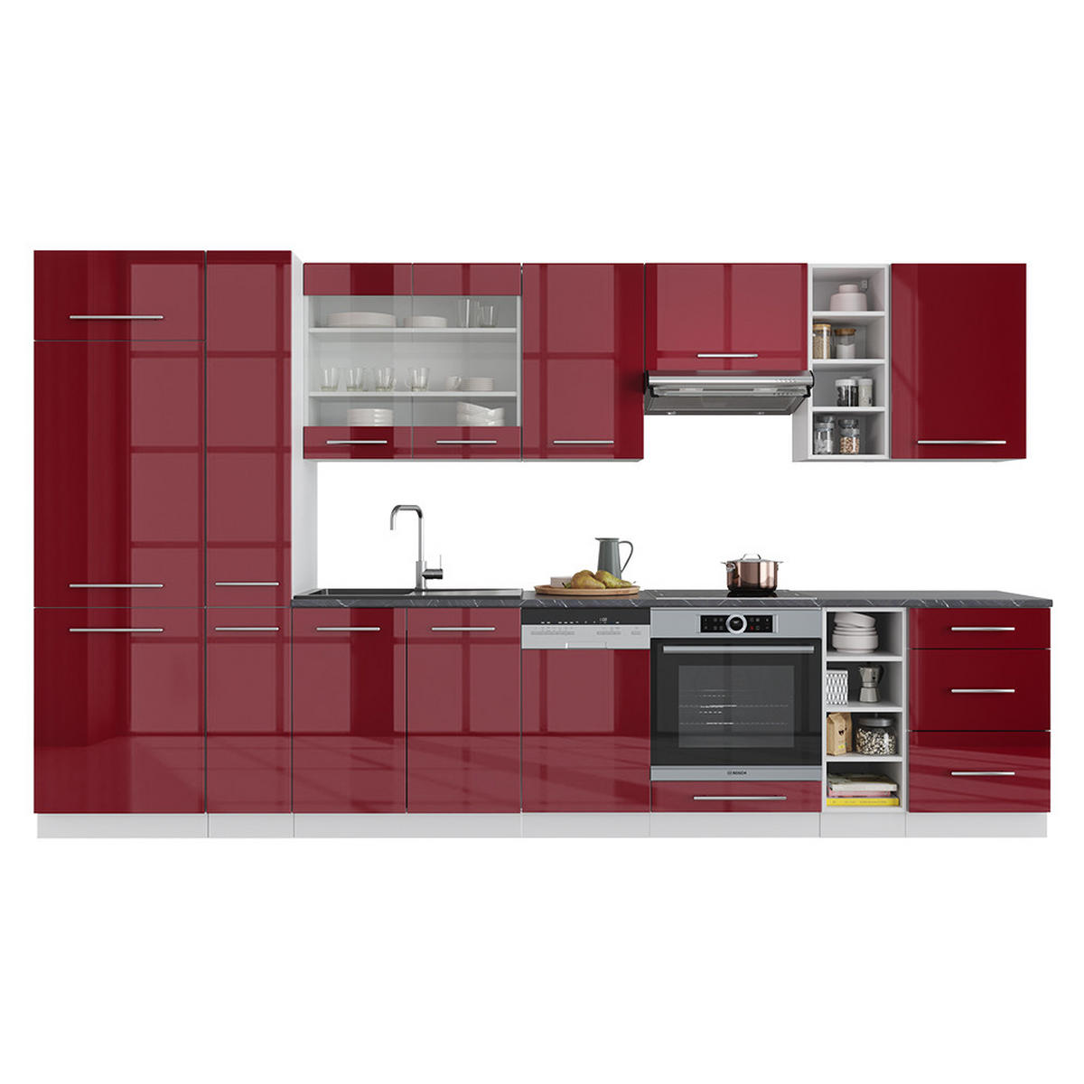 KÜCHENZEILE Fame-Line Bordeaux Hochglanz/Weiß 355 cm ohne AP - Bordeaux/Weiß, Holzwerkstoff (355/81.6/46cm) - Vicco