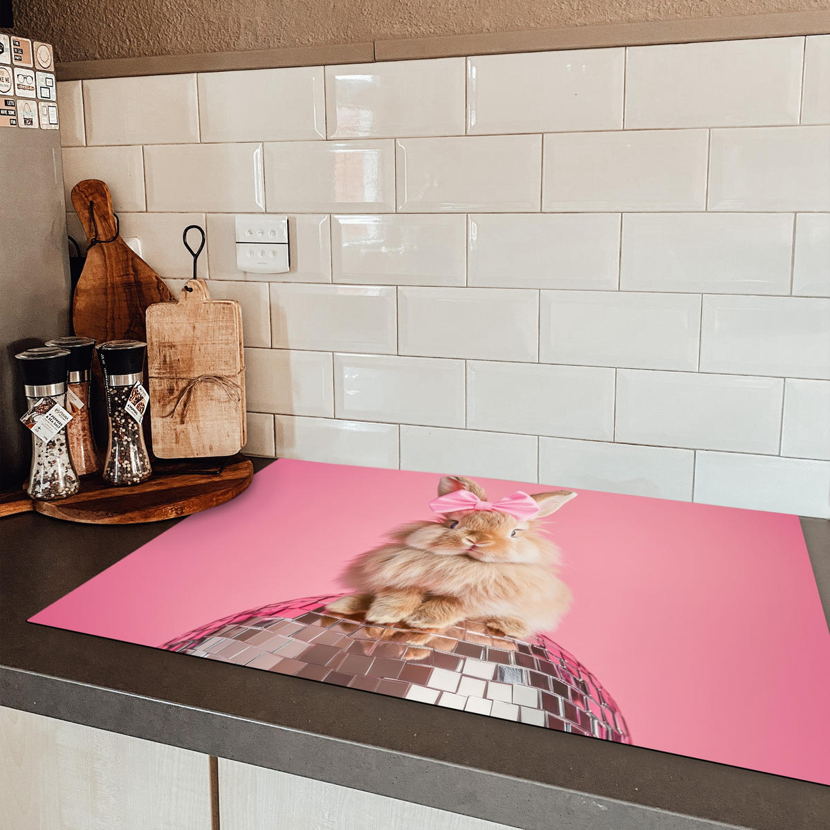 HERDABDECKPLATTE Schleife - Discoball - Kaninchen Induktionsmatte 81x52 cm - Pink, Kunststoff (81/52/0.2cm) - MuchoWow