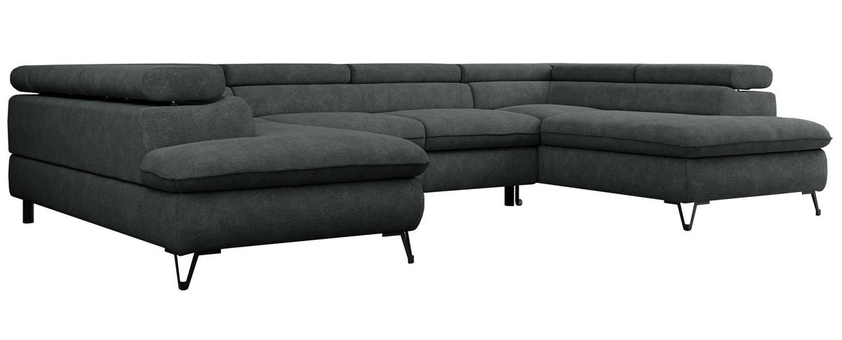 WOHNLANDSCHAFT PETER U Struktur Dunkelgrau - Dunkelgrau/Schwarz, Textil/Metall (346/76/208cm) - MKS