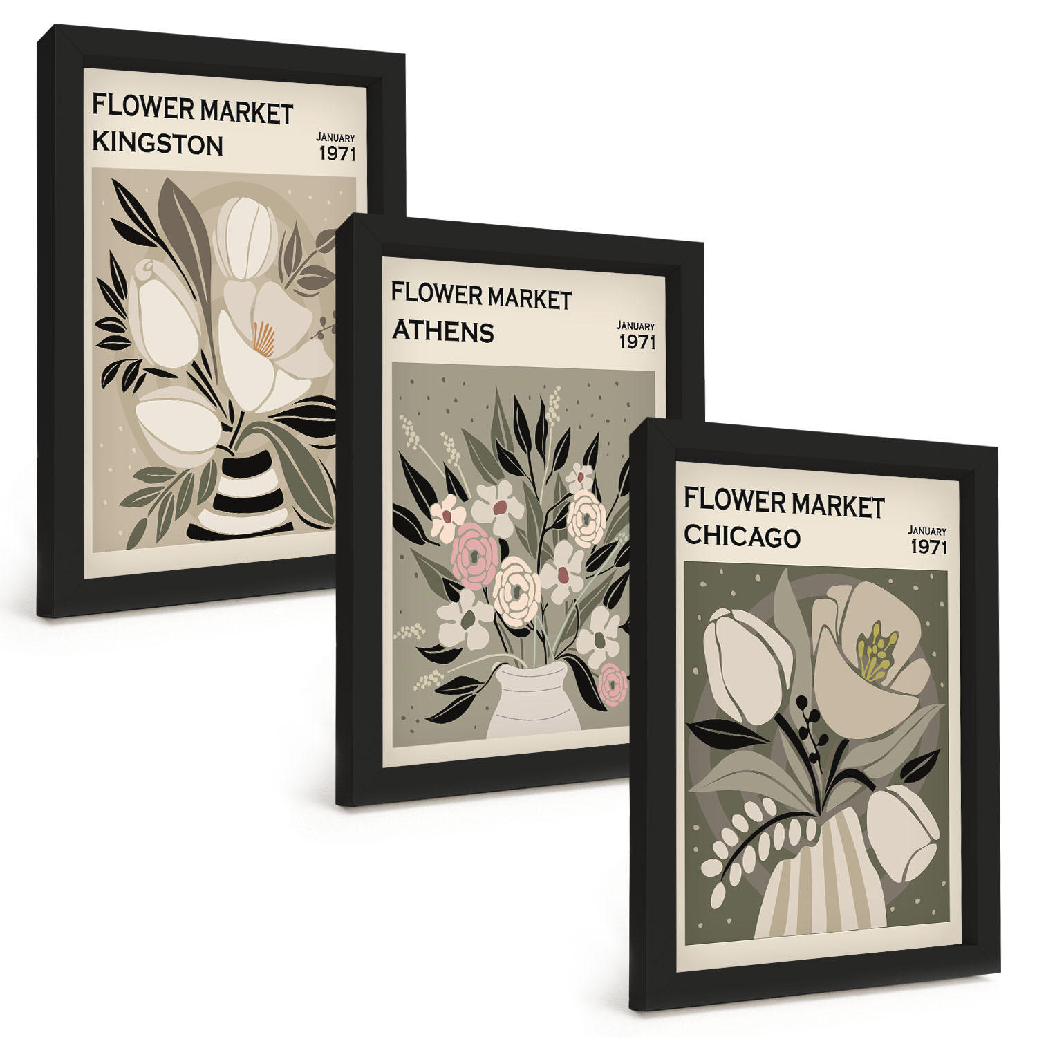 BILDER SET 3er Set - 20x30 cm Schwarzer Rahmen - Retro-Blumenarrangements - Schwarz, Kunststoff (20/30cm) - TULUP