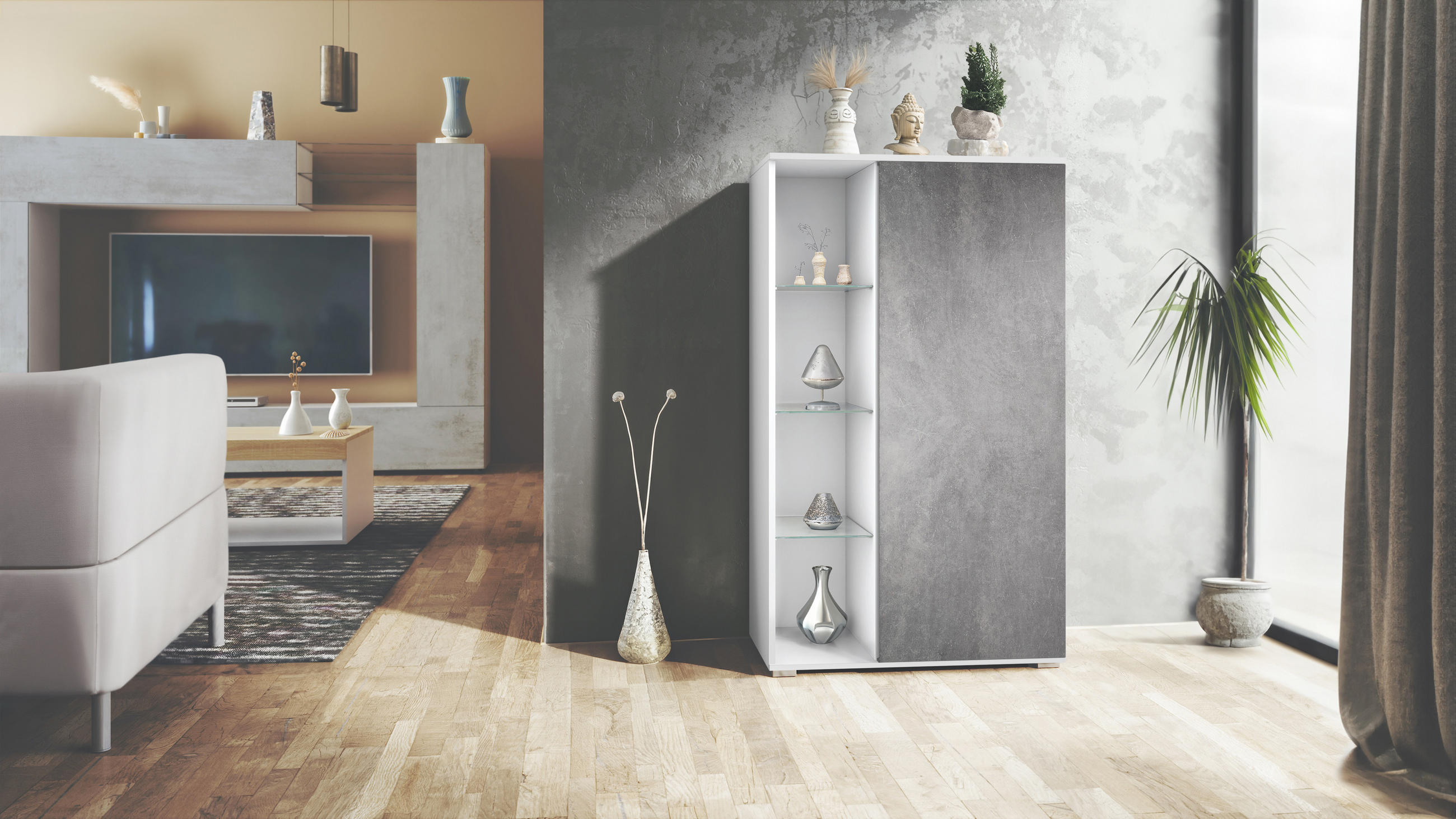 VITRINE Davos Steingrau - Schieferfarben, Holzwerkstoff (71.5/134/35cm) - Vladon