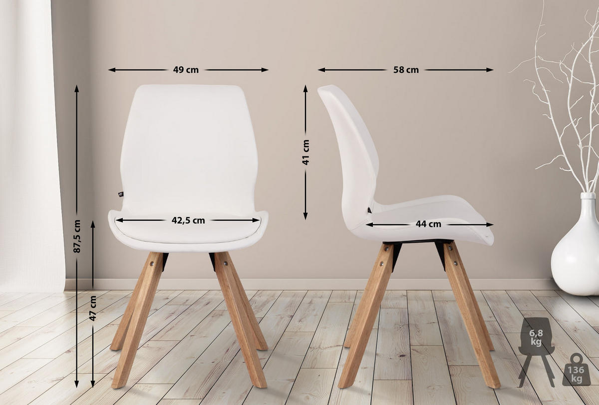 STUHL Lederlook weiß - Eukalyptusholzfarben/Weiß, Holz/Textil (49/87.5/58cm) - CLP