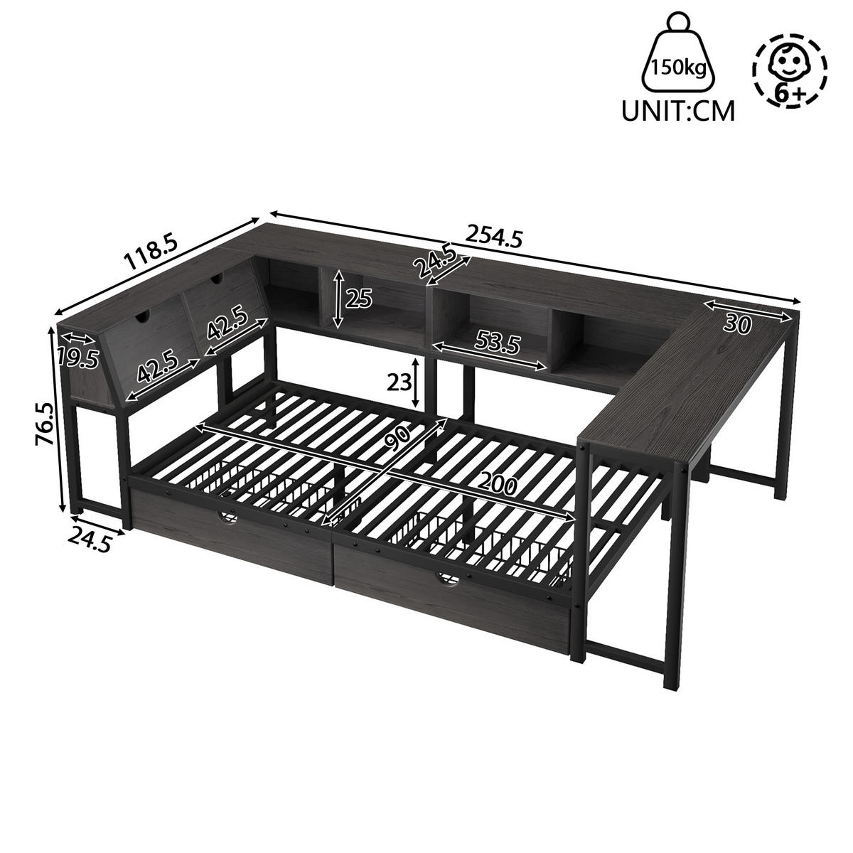 METALLBETT 90x200cm mit Stauraum-Kopfteil, Schwarz - Schwarz, Metall (90/200cm) - KOMHTOM
