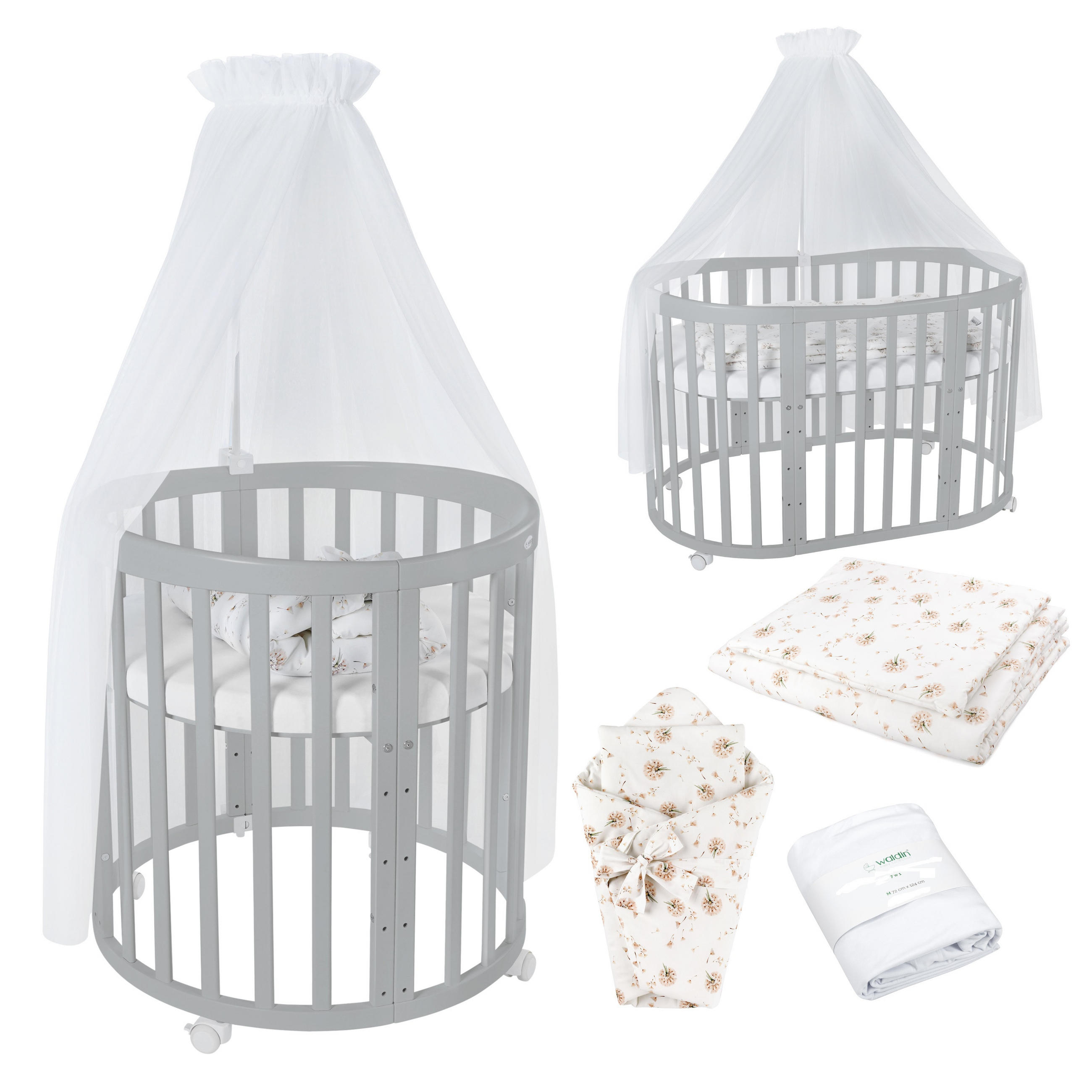 BABYBETT GREY OVAL 7in1 mit Matratze und Himmelset - Weiß/Braun, Holz/Textil