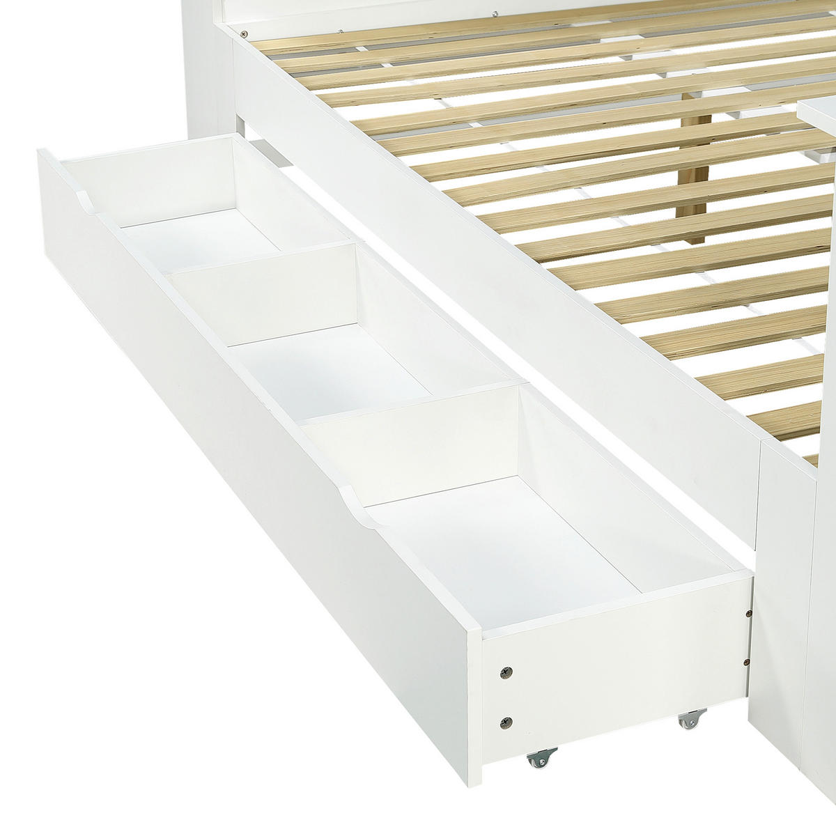 BETT 140/200 cm in Weiß mit Stauraum, Klapptisch und verstellbarer Schublade aus Holz - Weiß, Holzwerkstoff - STILVORA