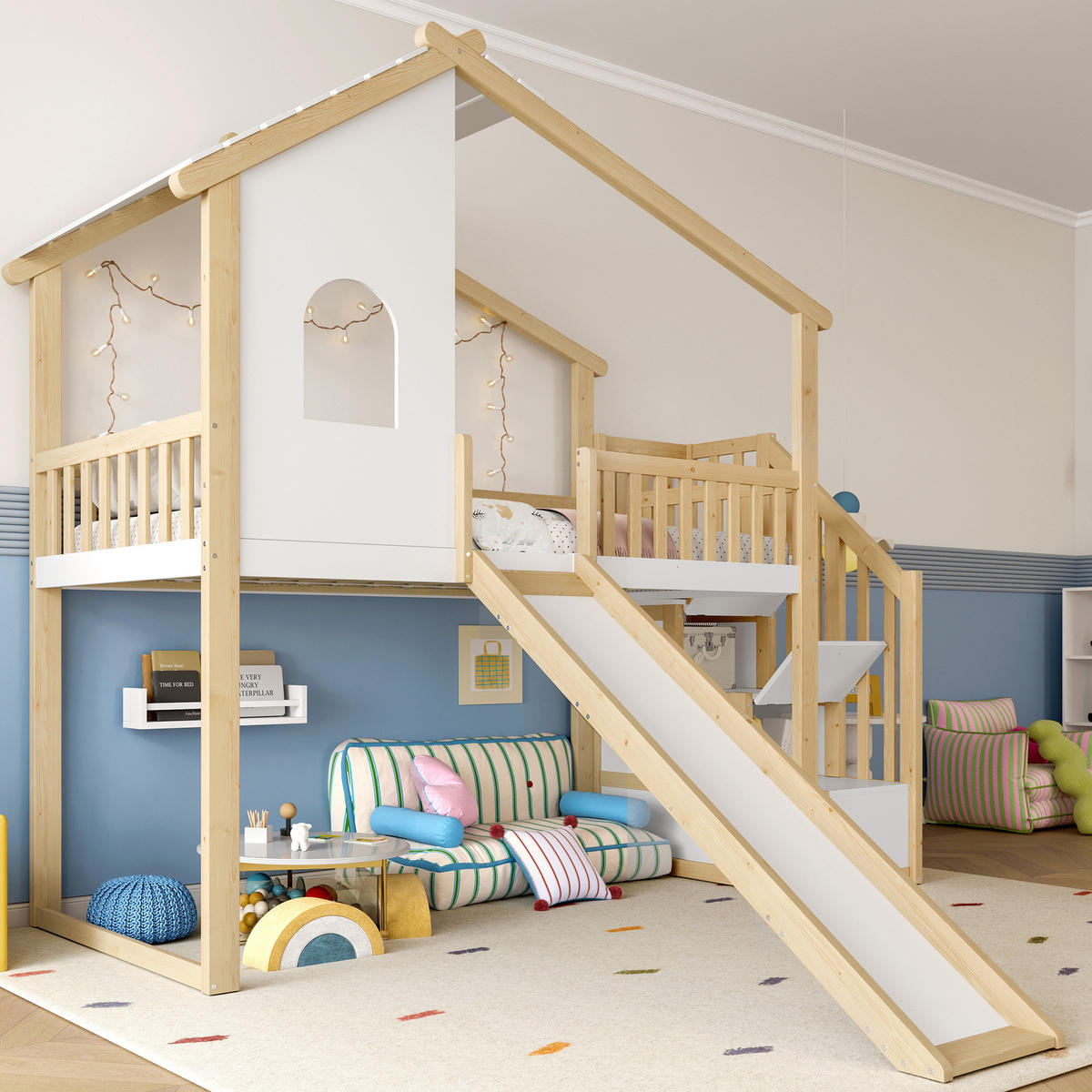 HOCHBETT 90/200 cm mit Rutsche, Stauraumleiter und Hausdesign aus Kiefernholz, Natur/Weiß - Naturfarben, Holzwerkstoff (90/200cm) - Redom