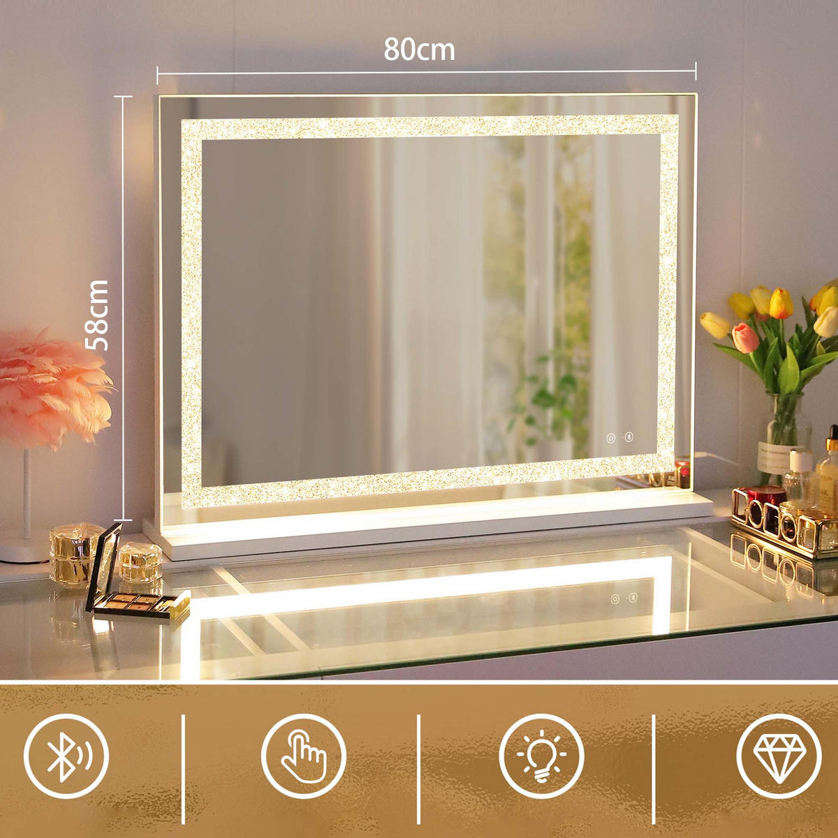 SCHMINKSPIEGEL mit LED Lichtleiste gestreute Diamanten und Bluetooth weiß 80/58 cm - Weiß, Metall (80/58/3cm) - VANITII
