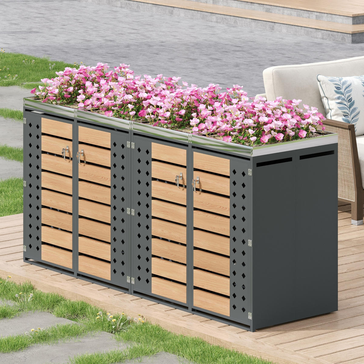 MÜLLTONNENBOX Mit Pflanzkasten 4 Fächern Abschließbar Holzoptik Belüftet Verzinkter Stahl - Grau, Metall (264/124/80cm) - PARAFTA HOME