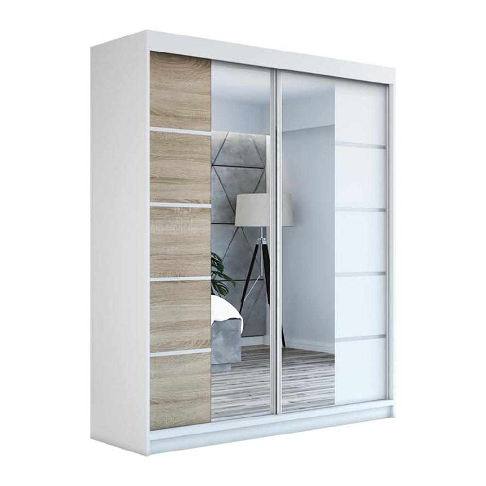 SCHWEBETÜRENSCHRANK 180 CM KRINO Farbe: Weiß / sonoma / weiß - Weiß/Braun, Holzwerkstoff (180/215/59.5cm) - A&J MöbelLand