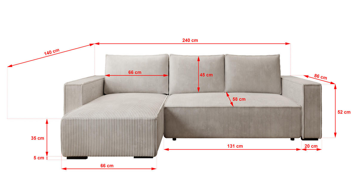 ECKSOFA CUDDY L, Eckcouch in L-Form mit Schlaffunktion und Bettkasten, Farbe: Hellgrau, Cordstoff, Ottomane Links - Hellgrau, Textil (240/140cm) - Storez24