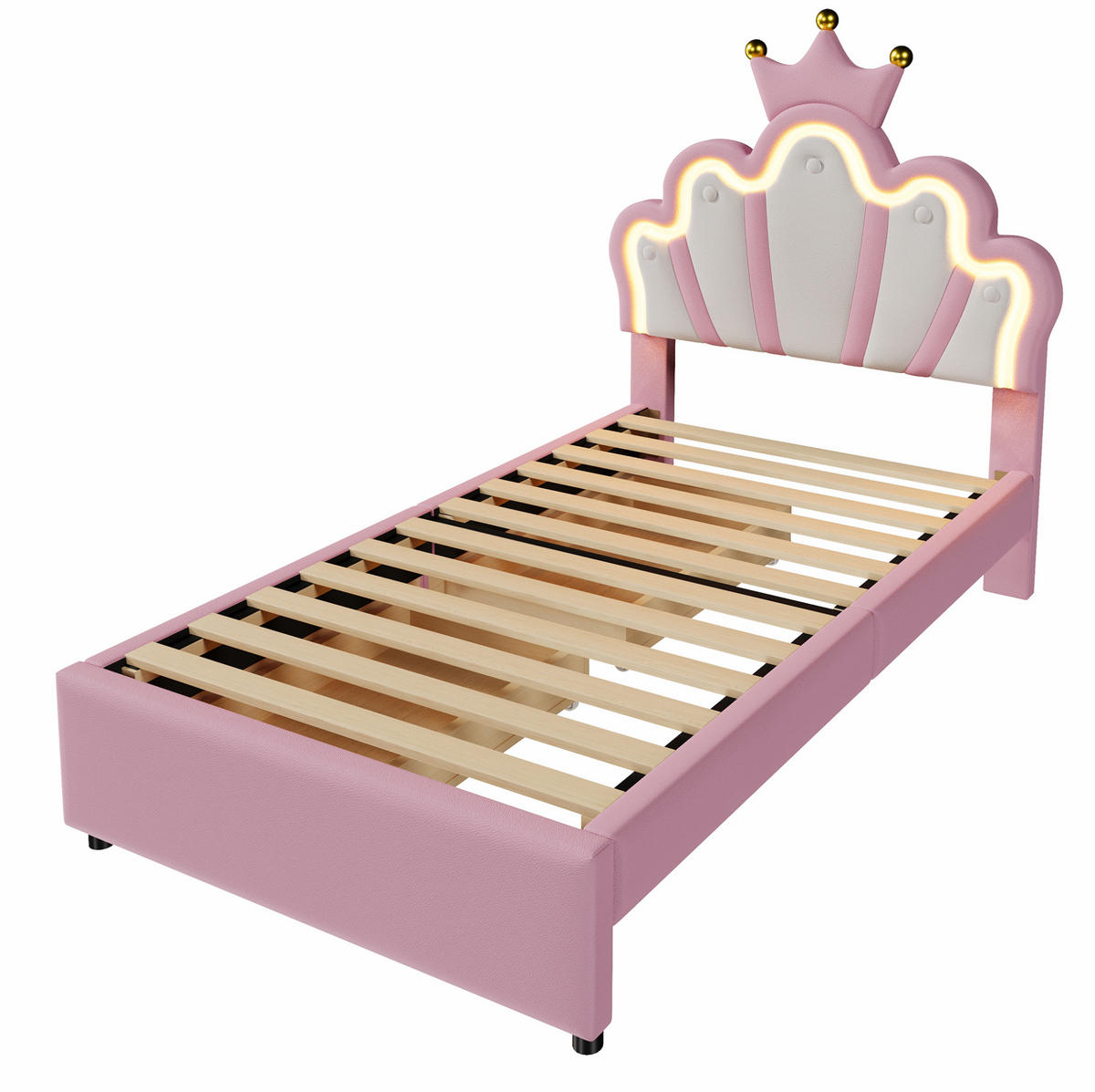 KINDERBETT Kindereinzelbetten 90/200 cm mit verstellbarem Kopfteil, LED-Beleuchtung, 2 Schubladen und PU-Bezug, Weiß/Rosa - Rosa, Kunststoff (90/200cm) - Redom
