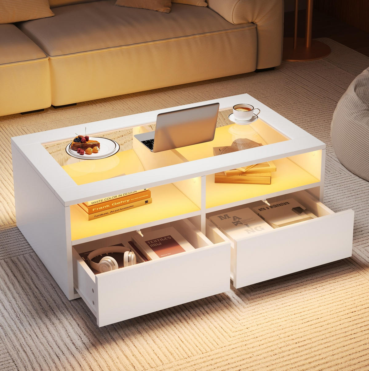 COUCHTISCH 100/50/35 cm mit LED-Beleuchtung, 2 Schubladen und Glasplatte, Weiß - Weiß, Glas (100/50/35cm) - Redom