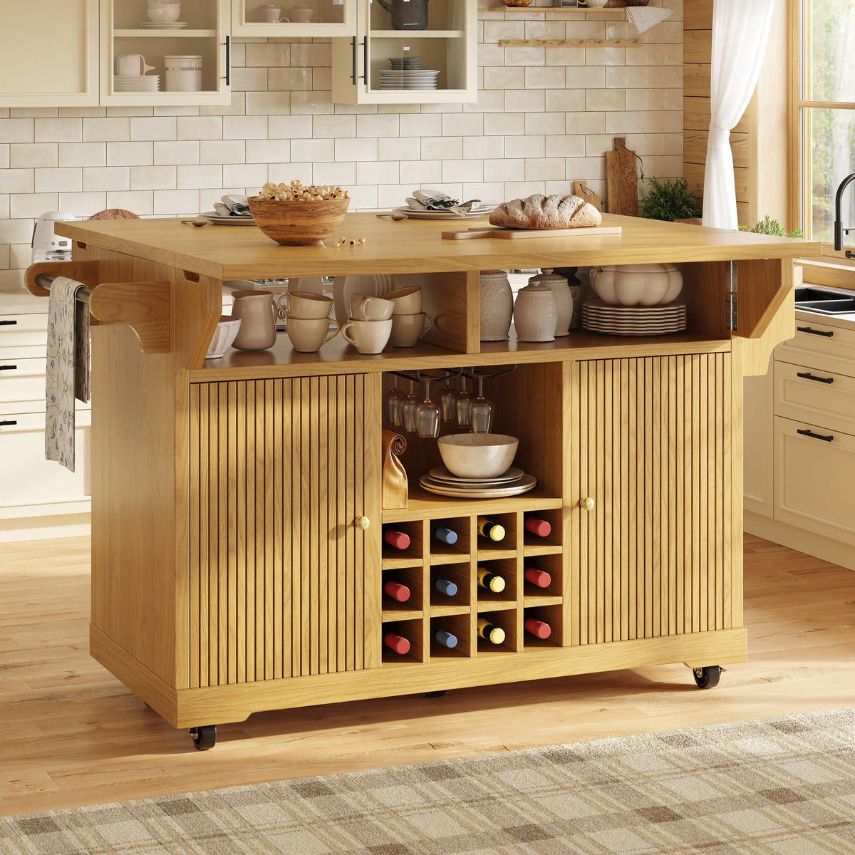 KÜCHENINSEL DE-41168 142,5/40-80/95 cm mit beidseitig ausklappbaren Tischenden Naturbraun - Naturfarben, Holzwerkstoff (142.5/95/80cm) - ComfortXL