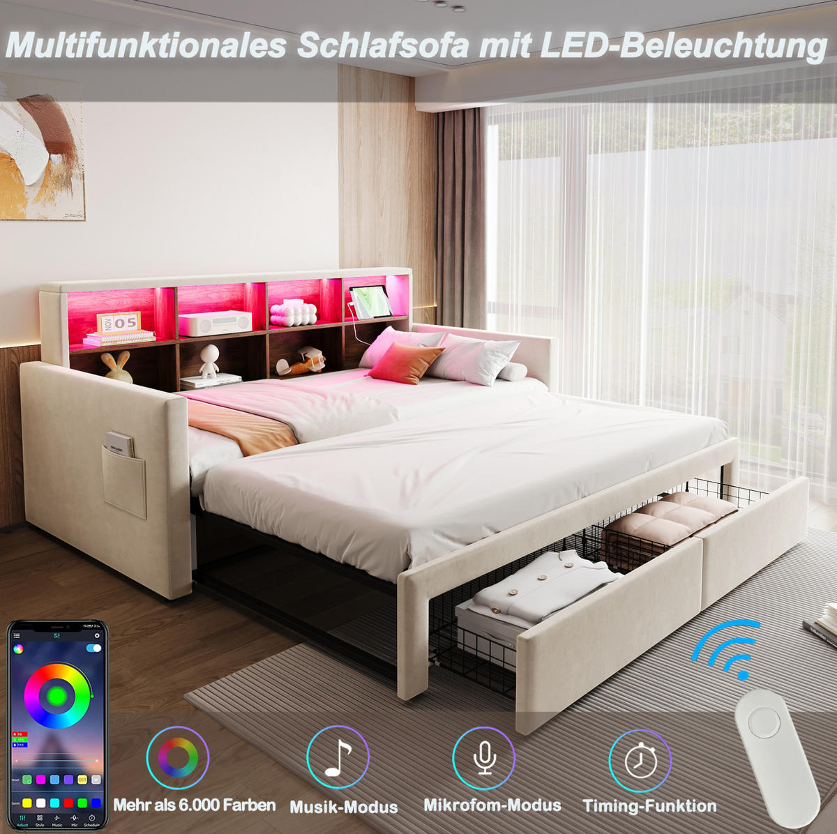 POLSTERBETT 90/180×190 cm aus Samt in Beige mit LED-Beleuchtung und Stauraum - Beige, Textil (90/190cm) - Flora Grace