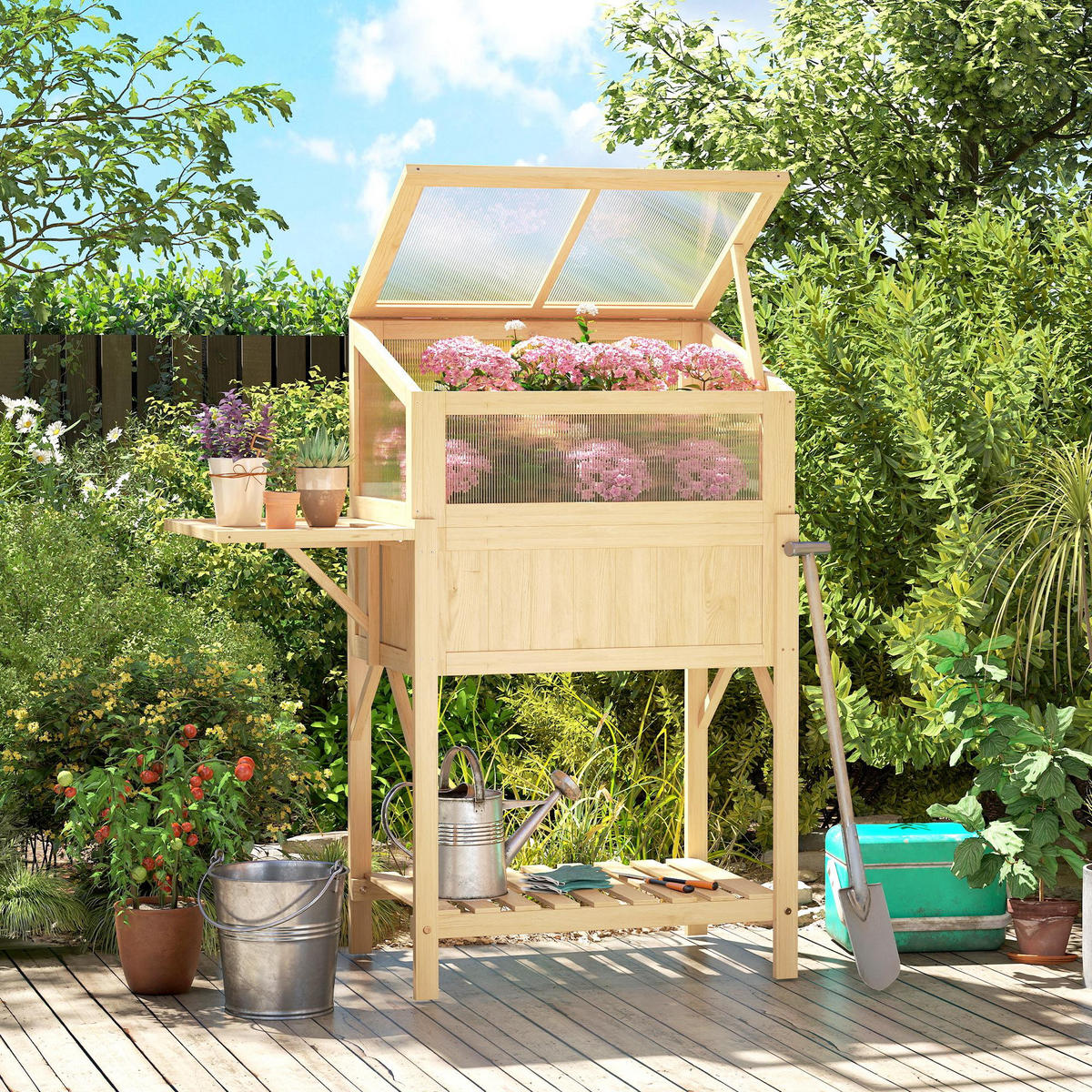 HOCHBEET mit Frühbeetaufsatz aus Holz Pflanzkasten mit Gewächshaus Seitentisch - Naturfarben, Holz (50/120/104cm) - Outsunny