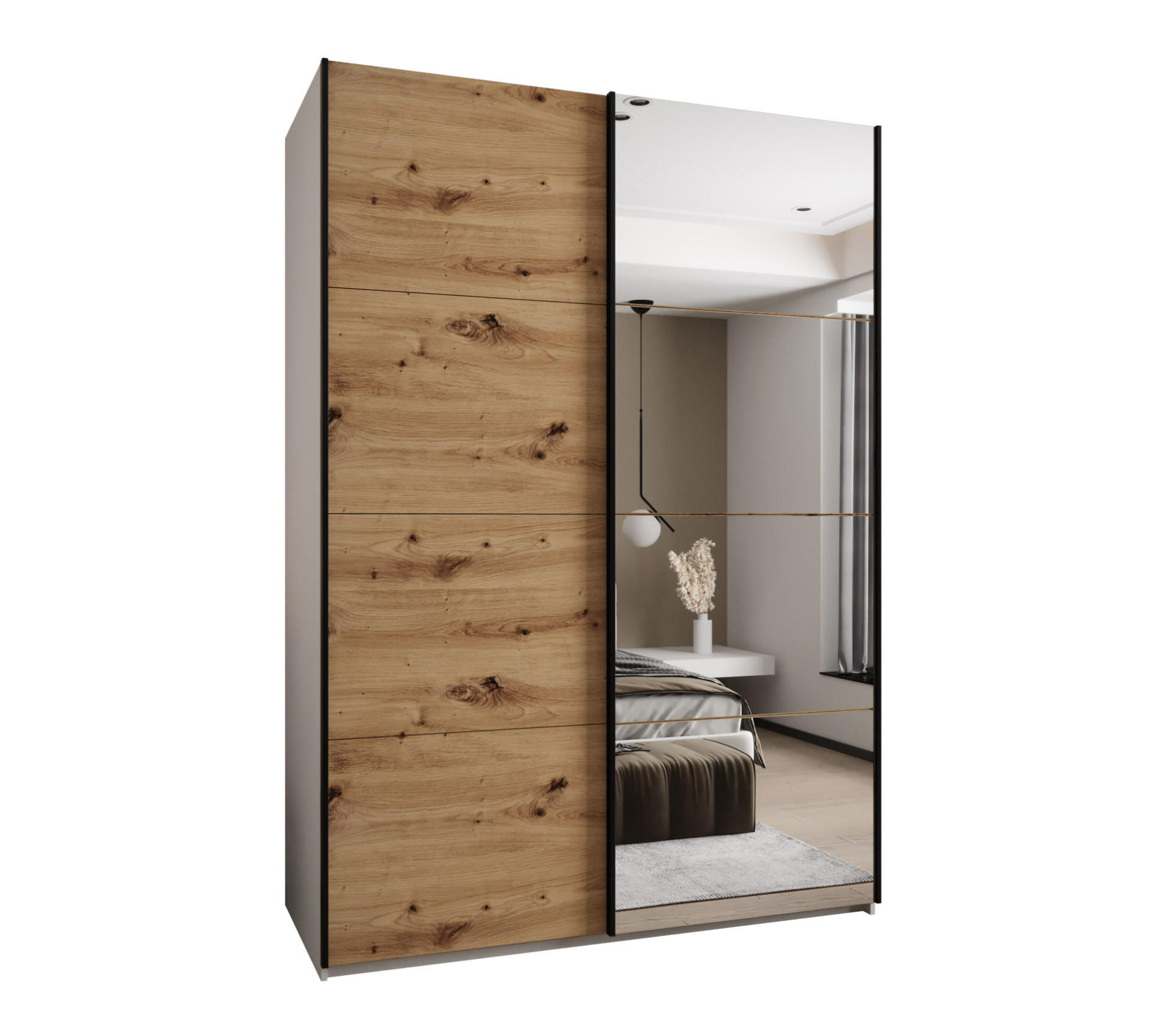 Abiks Möbel Schwebetürenschrank Weiß, Eiche Artisan, Schwarz 180x245x64 cm