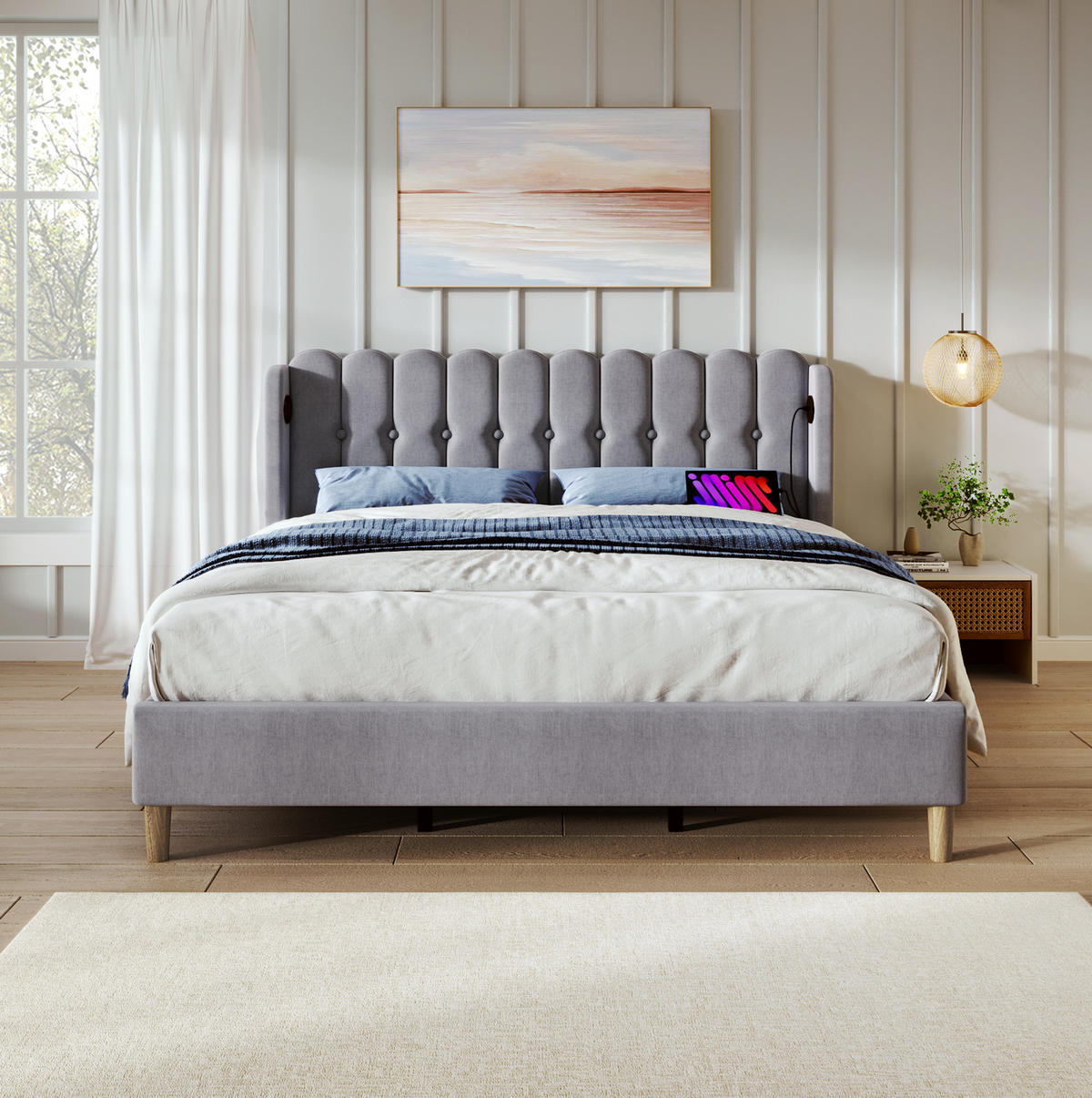 POLSTERBETT 140/200 cm in Grau mit USB- und Type-C-Anschlüssen - Grau, Textil (140/200cm) - Flora Grace
