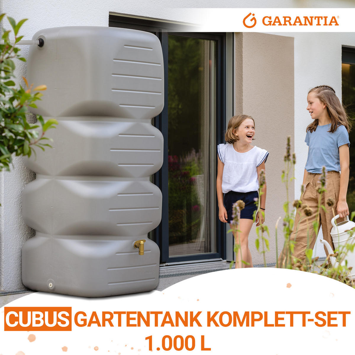REGENTONNE Komplett-Set 1000 L, betongrau inkl. Kunststoff-Auslaufhahn und Fallrohranschluss - Grau, Kunststoff (80/184/80cm) - GARANTIA