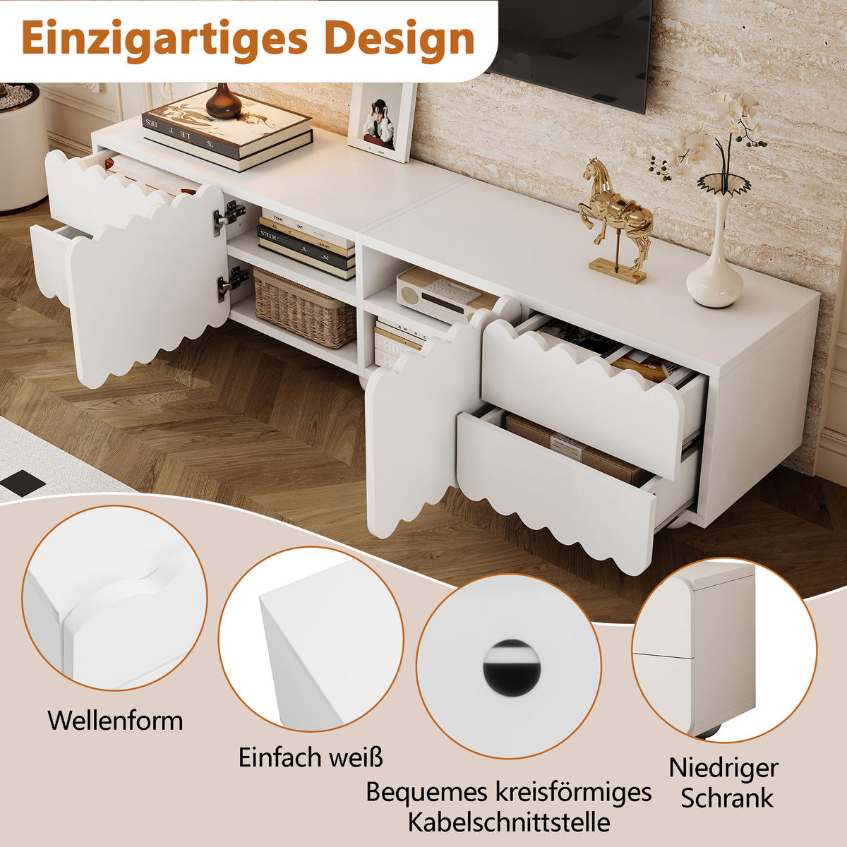 TV-SCHRANK Weiß 175/38/37 cm Doppeltüren Schubladen Flach - Weiß, Karton (38/37/175cm) - PANGIVO