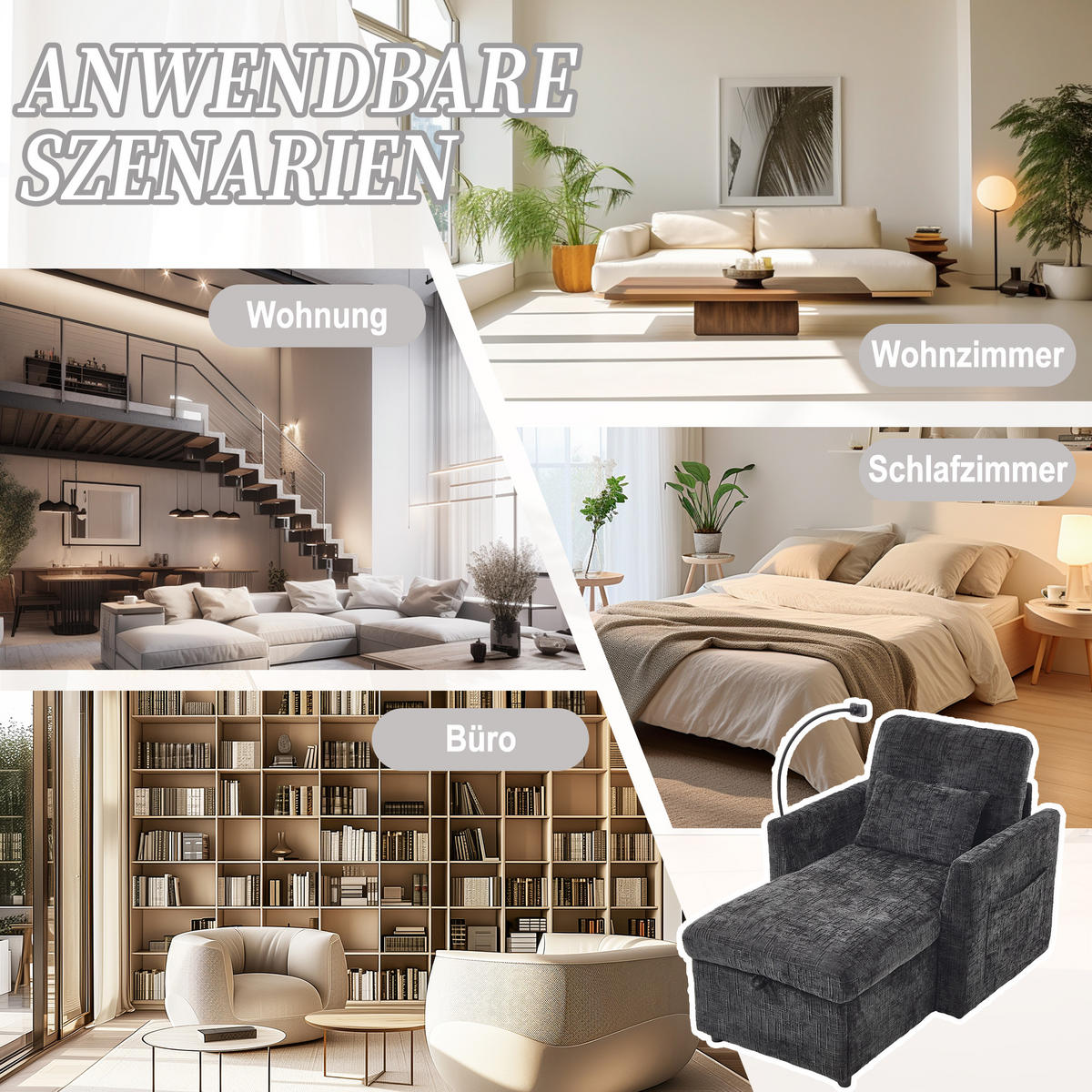 LOUNGESESSEL Chenille mit Handyständer und Stauraum 125/84,5/87 cm Schwarz - Schwarz, Textil (84.5/87/125cm) - Redom