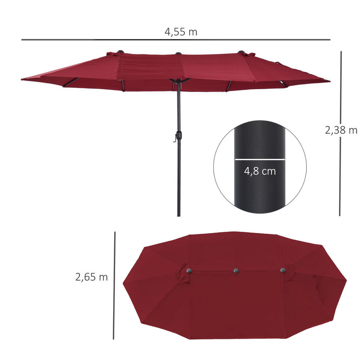 SONNENSCHIRM Oval 460x270cm Weinrot Mit Handkurbel - Weinrot, Textil (270/460cm) - Raelunyi